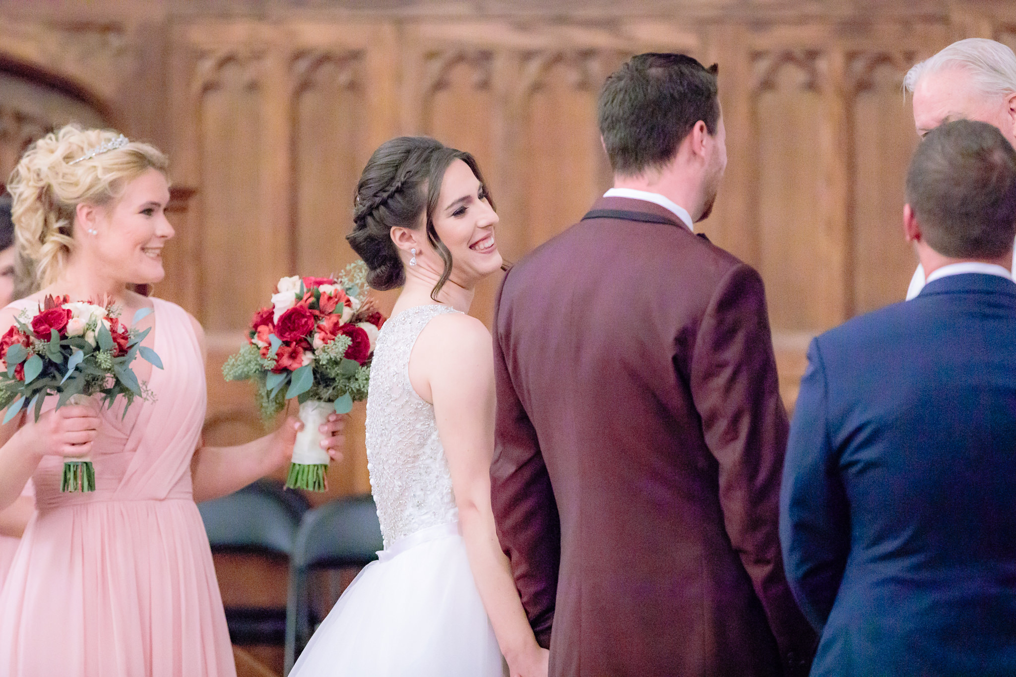 Bride laughs during her wedding ceremony at the Smithfield United Church of Christ