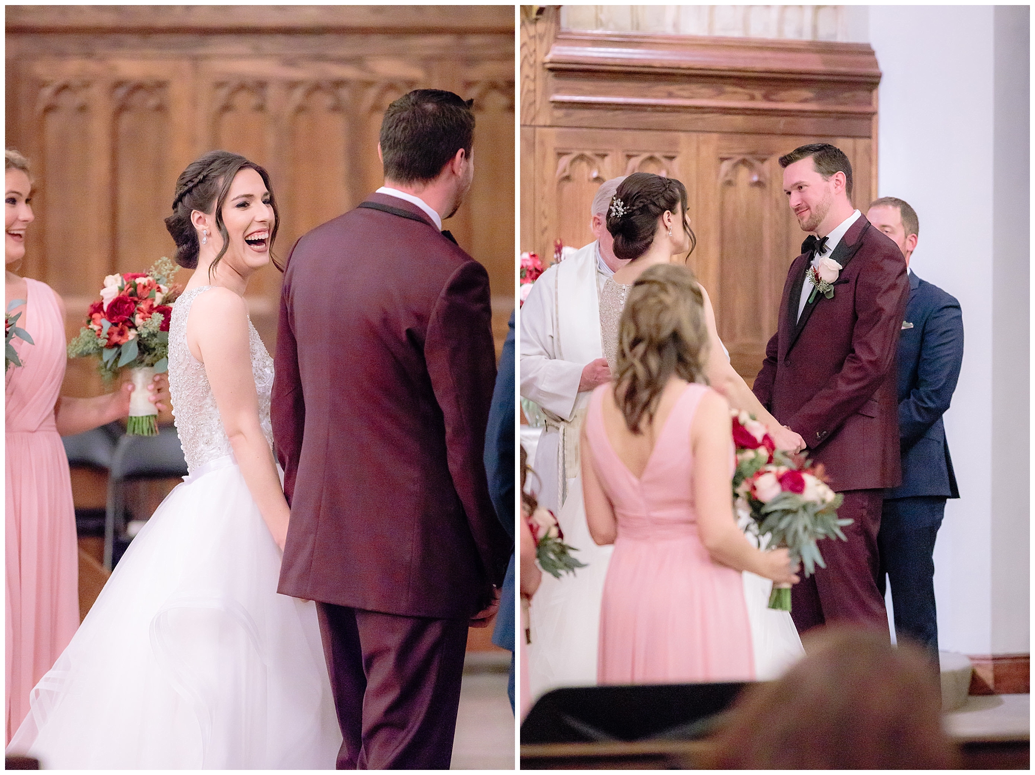 Bride laughs and groom smiles at his bride during a Smithfield UCC wedding