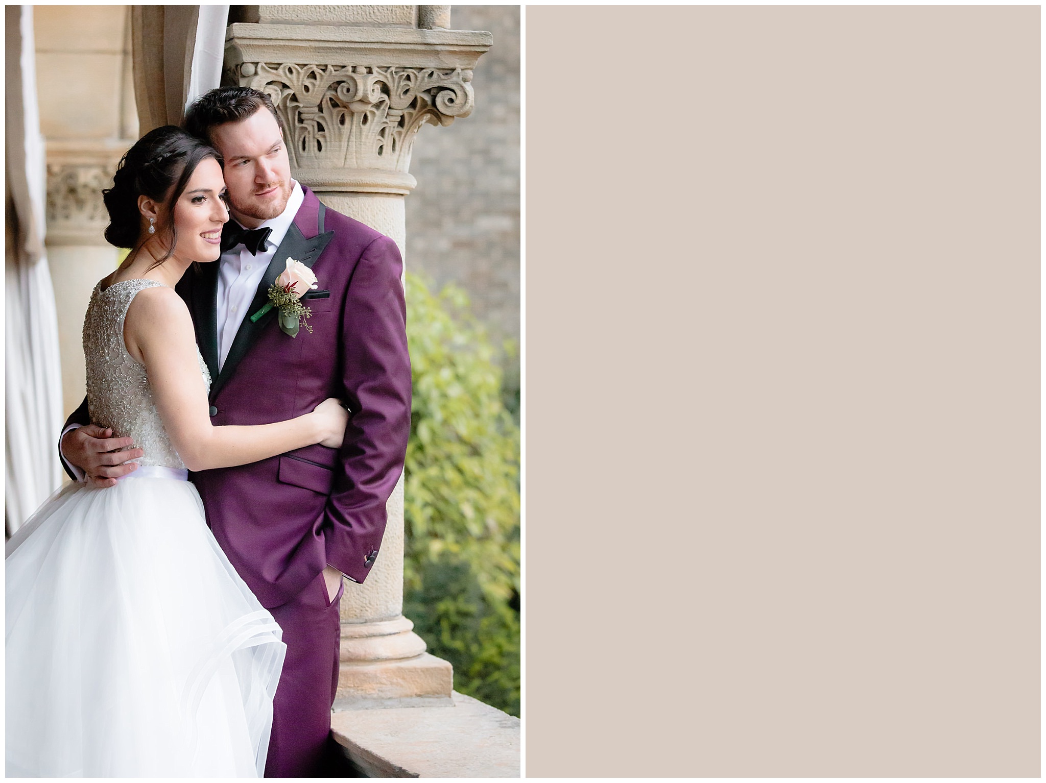 Bride & groom snuggle together under a porch overhang on Pittsburgh's North Side