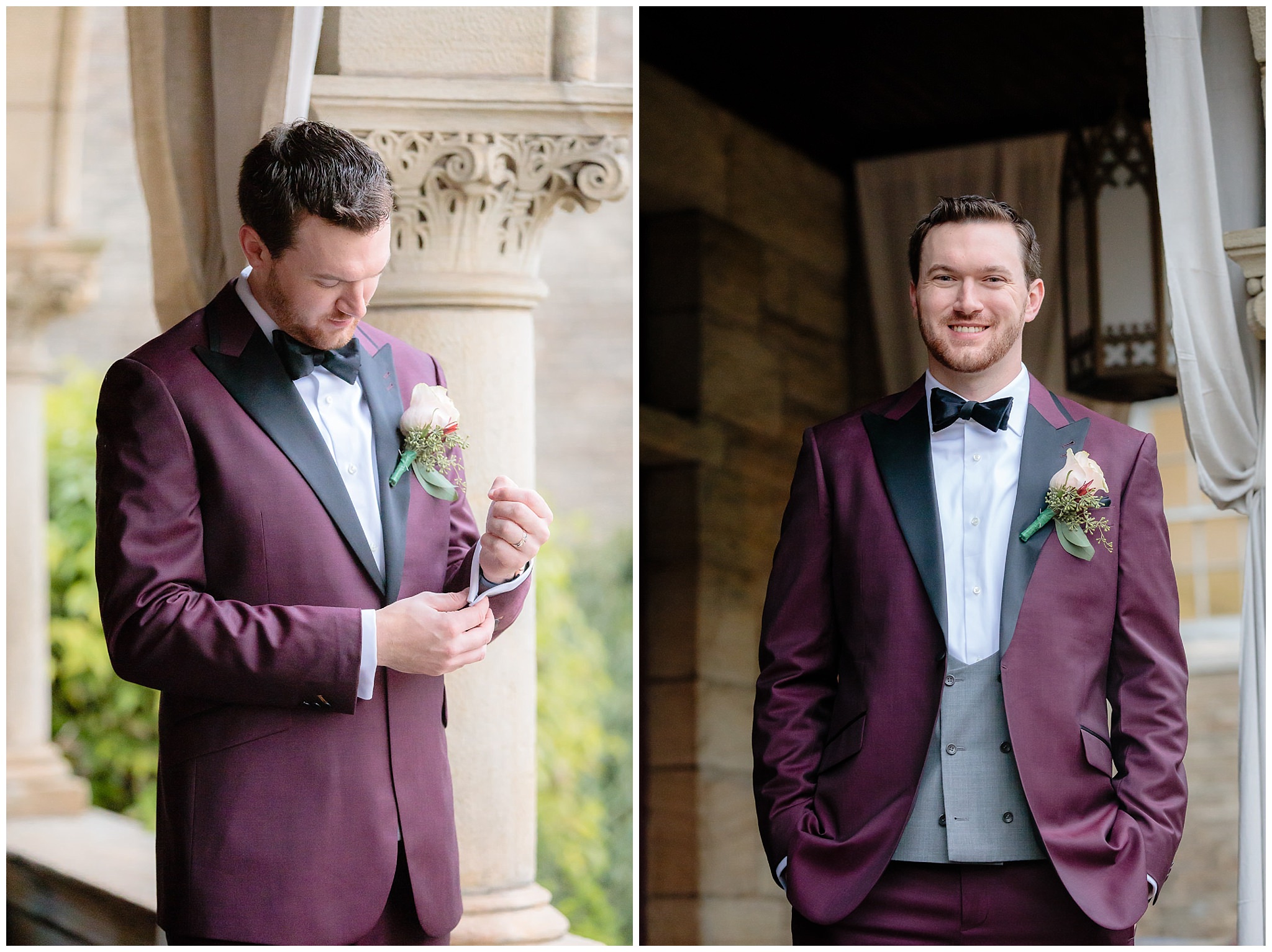 Groom wears a burgundy tux by Surmesur for his LeMont wedding