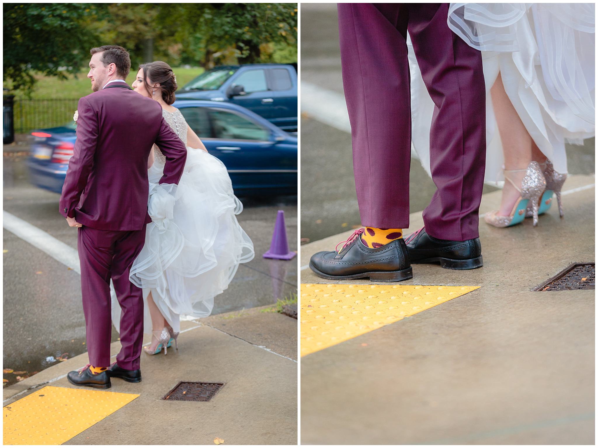 Bride and groom wait to cross the street on Pittsburgh's North Side