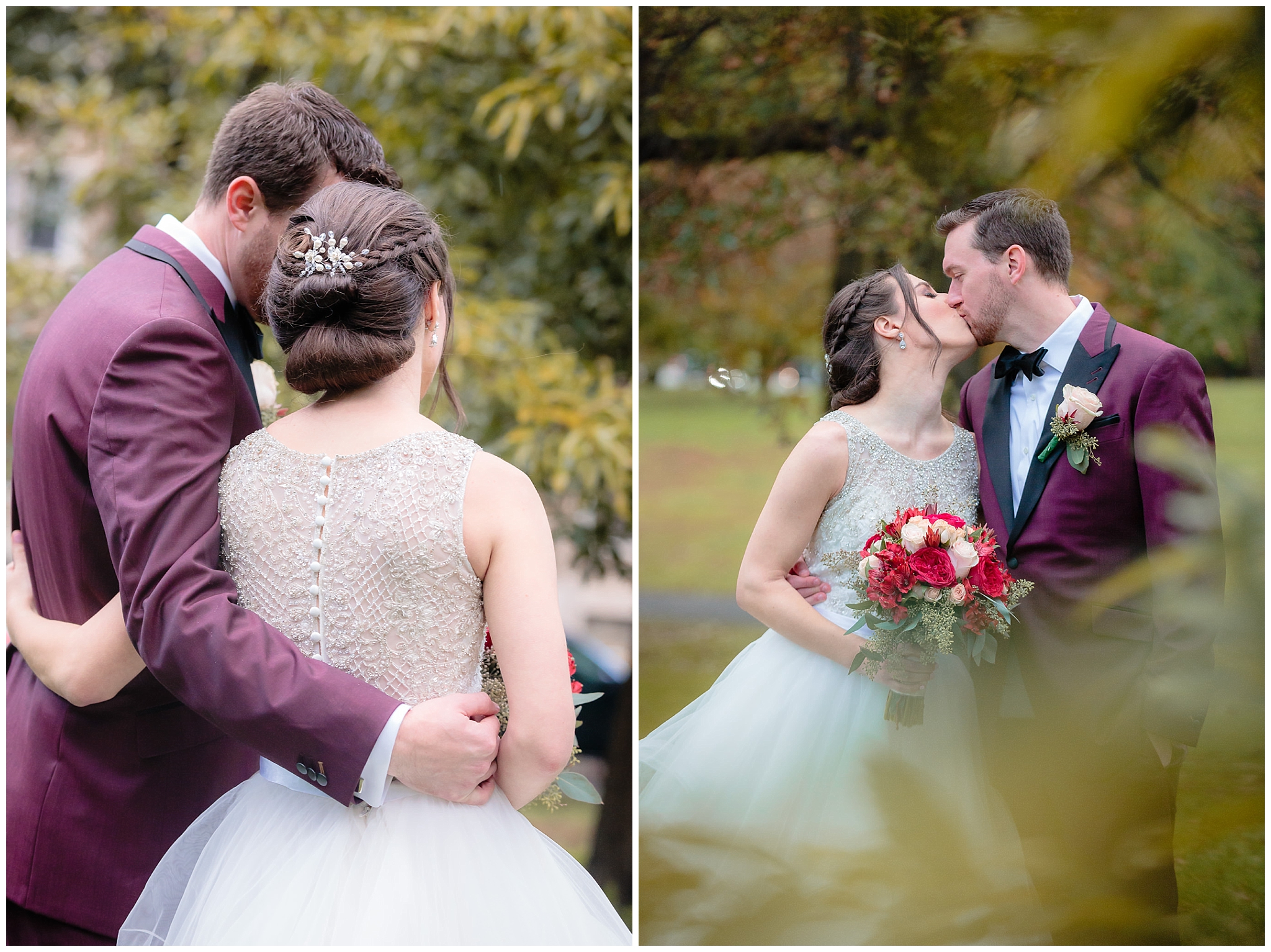 Newlyweds kiss during portraits at Allegheny Commons Park