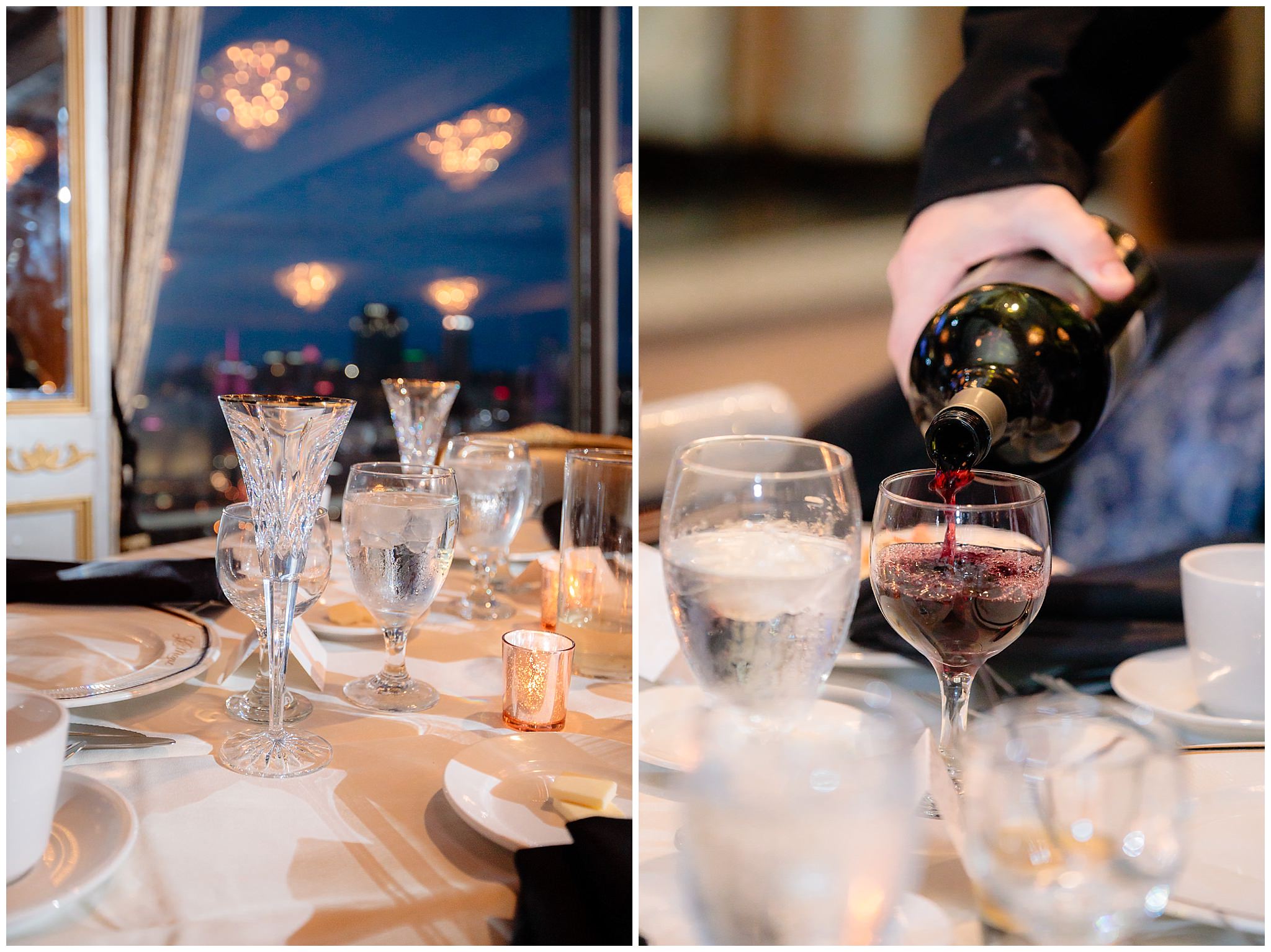Crystal champagne flutes and a waiter pours wine at the LeMont