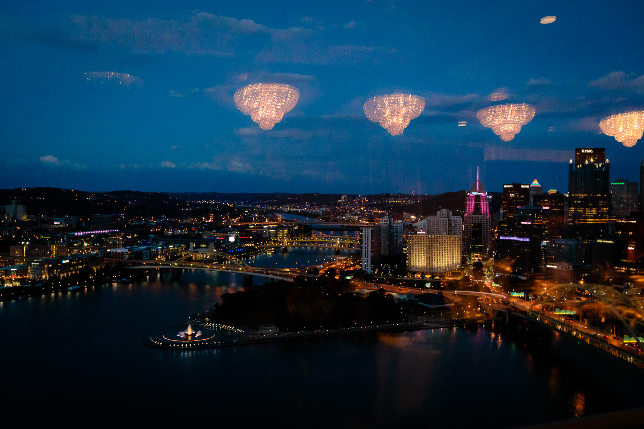 View of downtown Pittsburgh at dusk from the LeMont on Mt. Washington