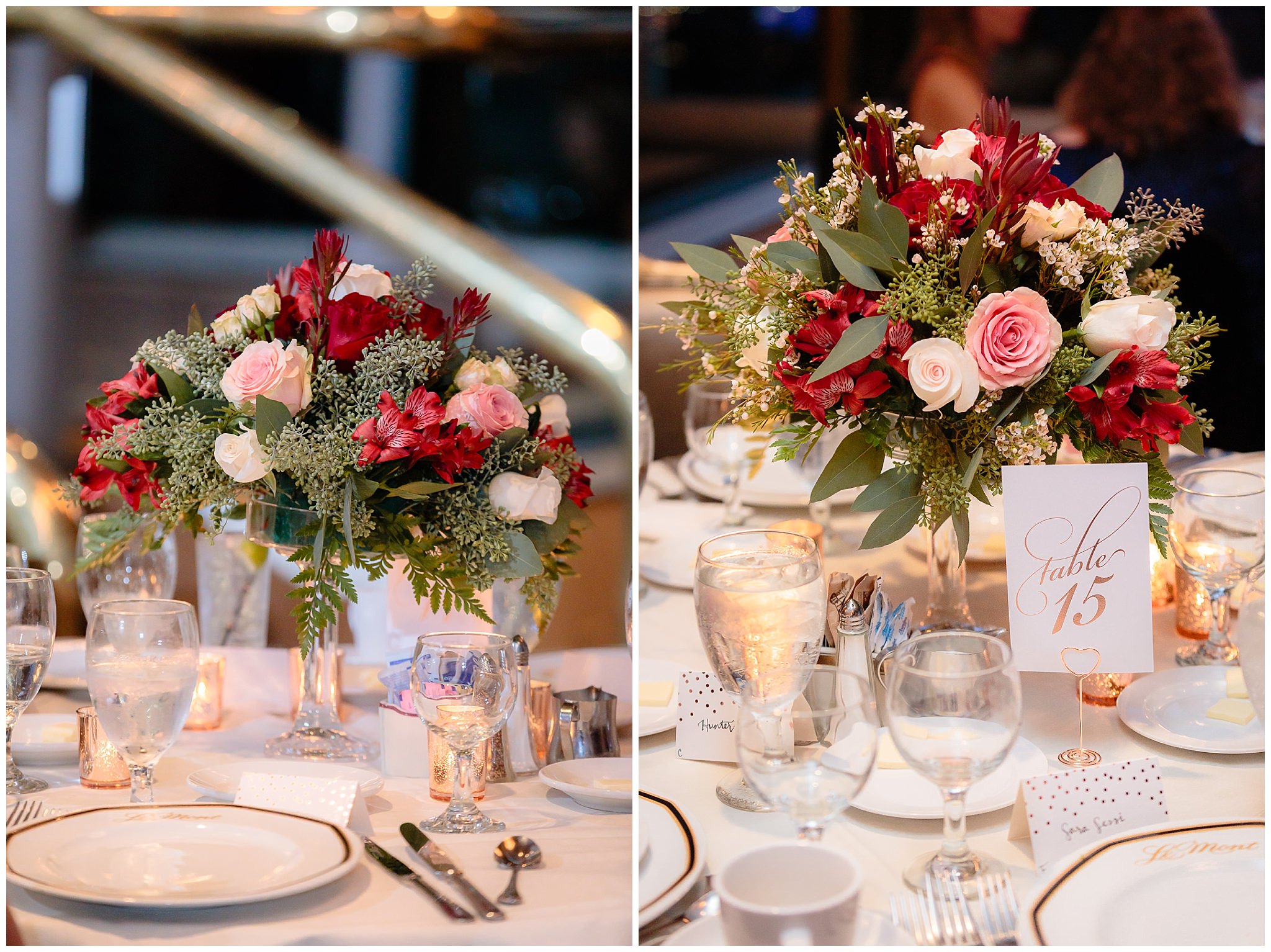 Floral centerpieces by Wallace Bethel Park Flowers at a LeMont wedding