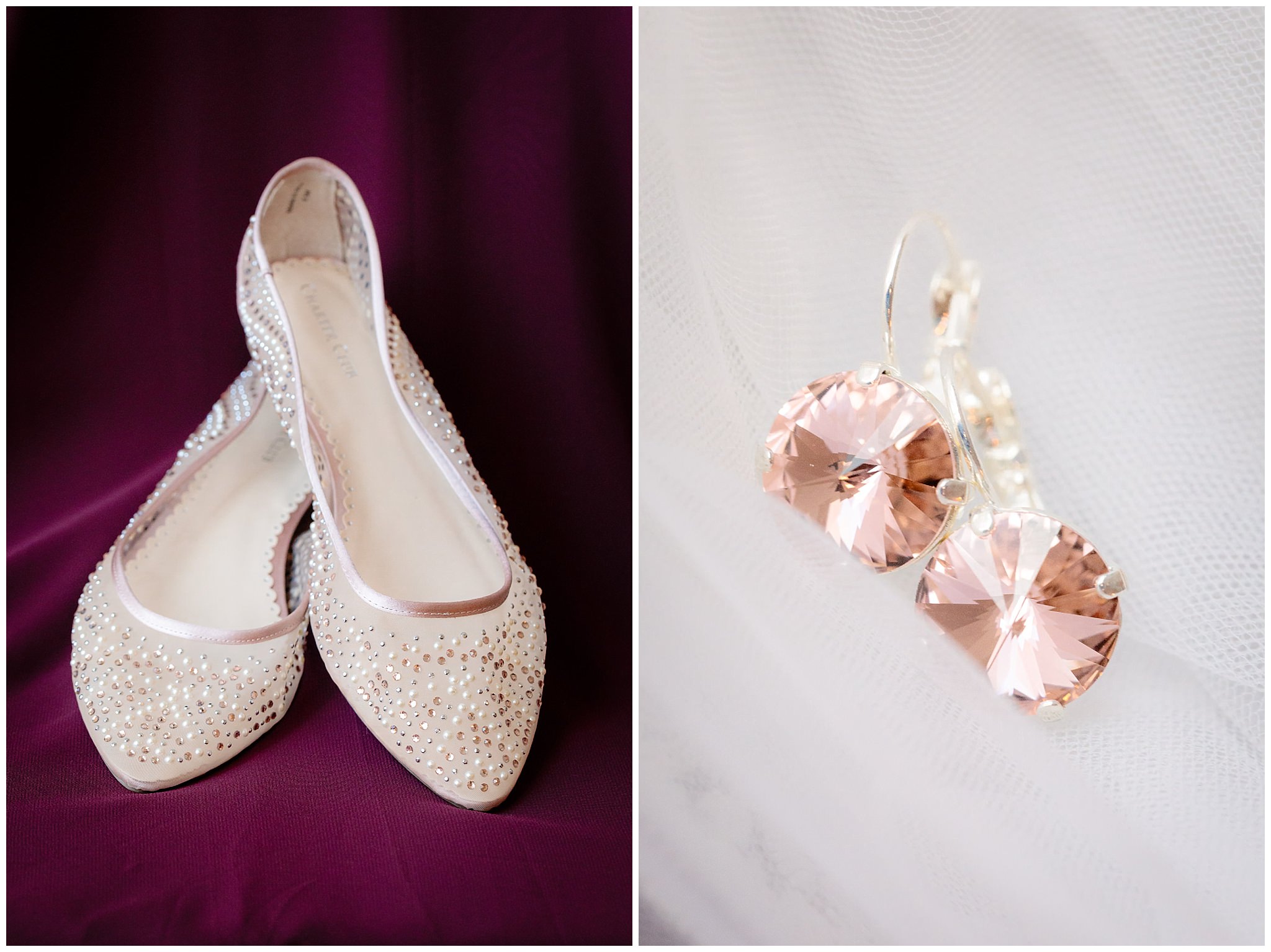 Bride's wedding shoes and earrings before her Riverside Landing wedding