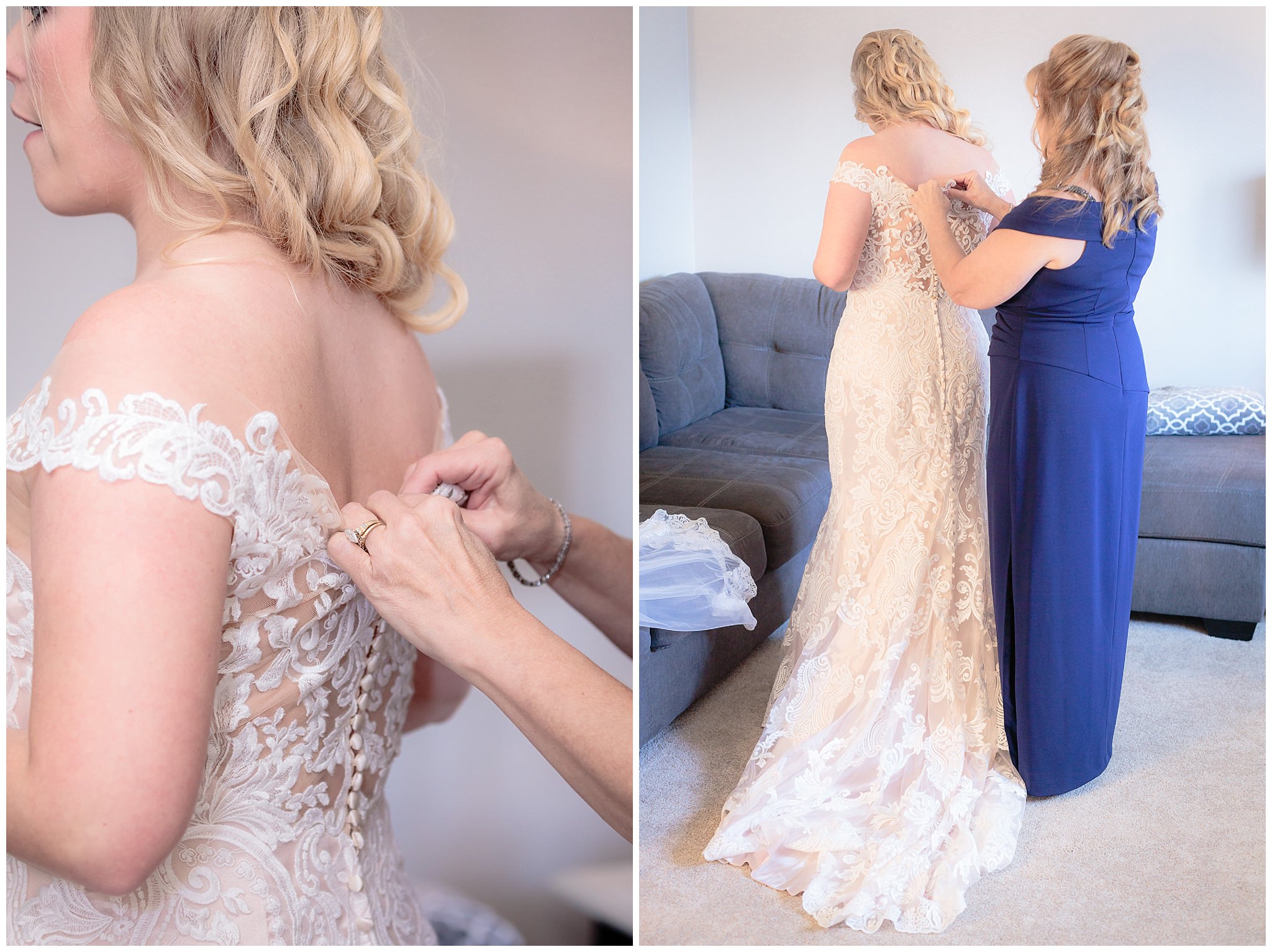 Mother of the bride helps the bride into her Allure wedding gown from MB Bride