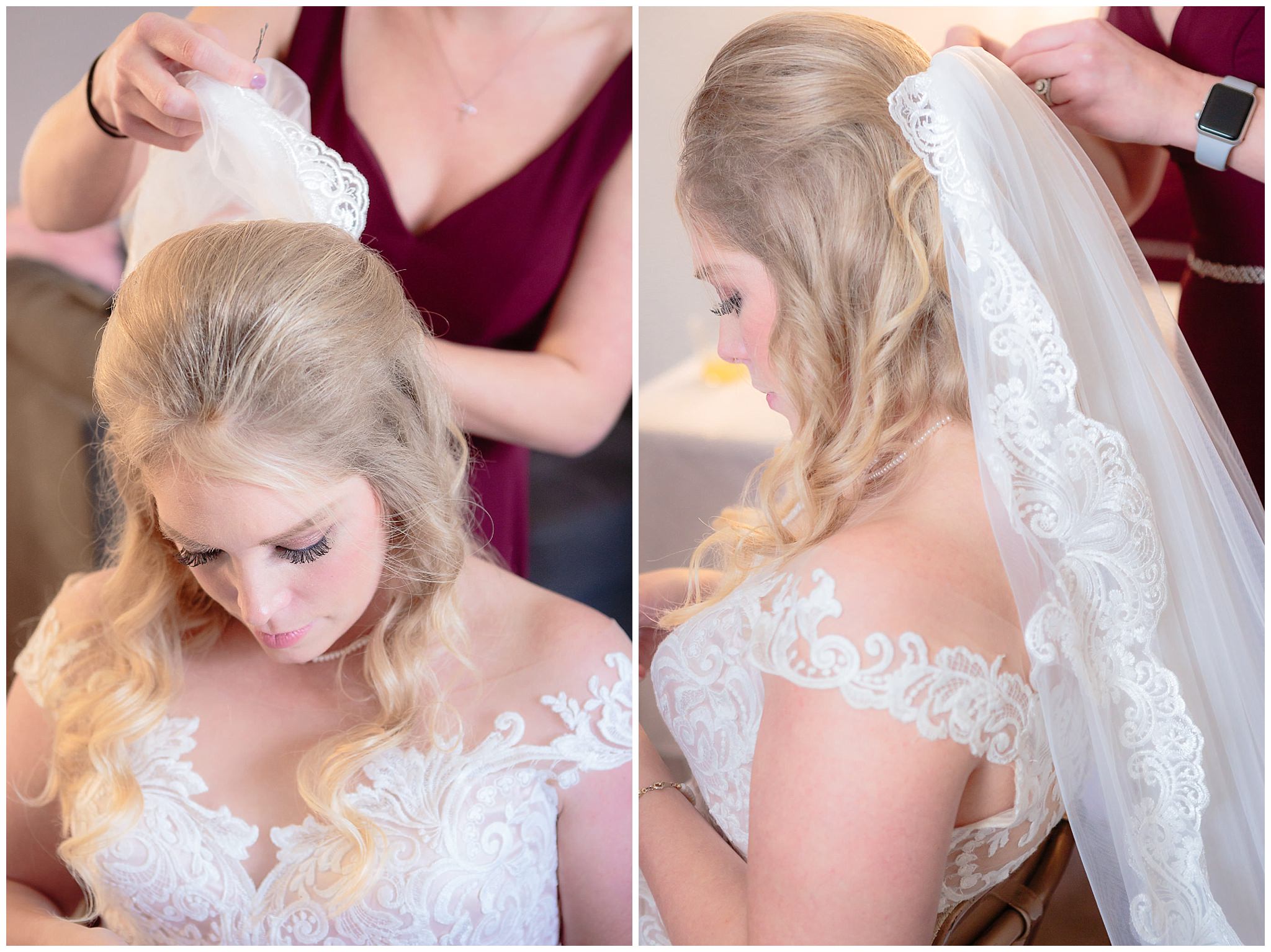 Matron of honor puts in the bride's cathedral veil before a Riverside Landing wedding