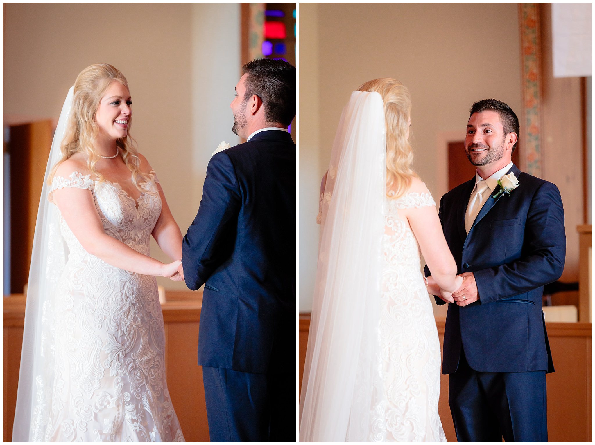 Bride and groom look at each other during vows at Zion Lutheran Church