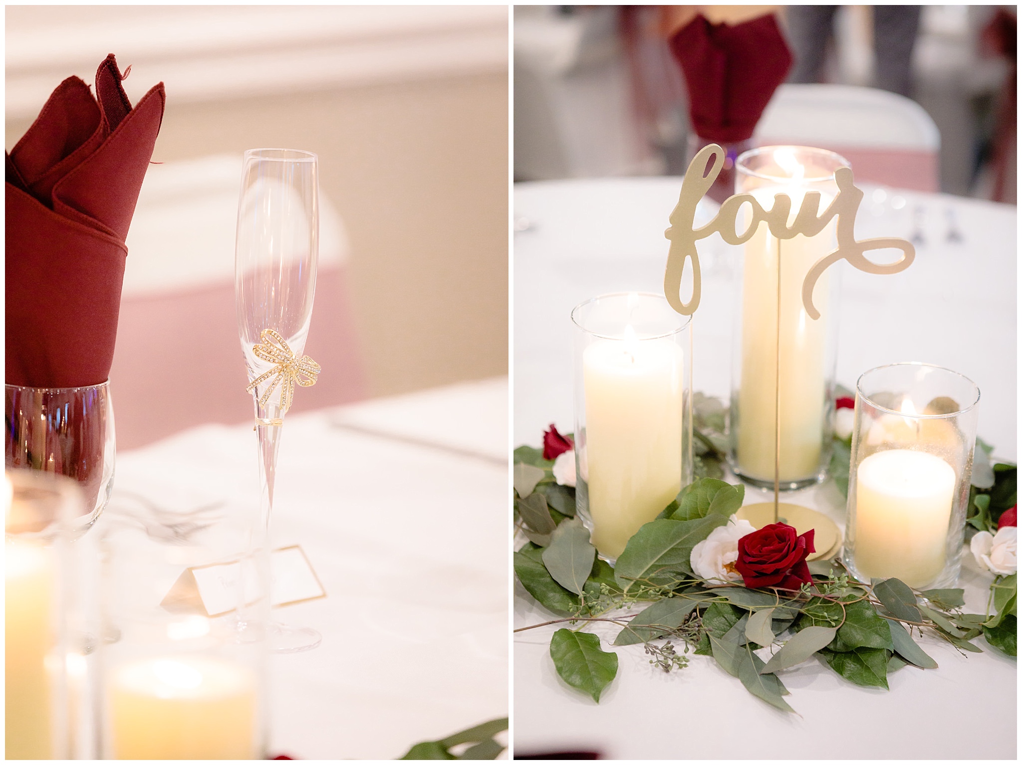 Candle centerpieces at a Riverside Landing wedding