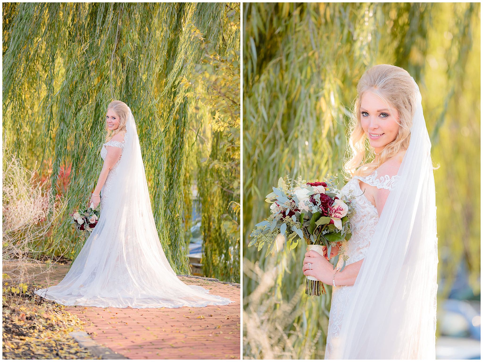 Bridal portraits during golden hour in front of a willow tree at Riverside Landing