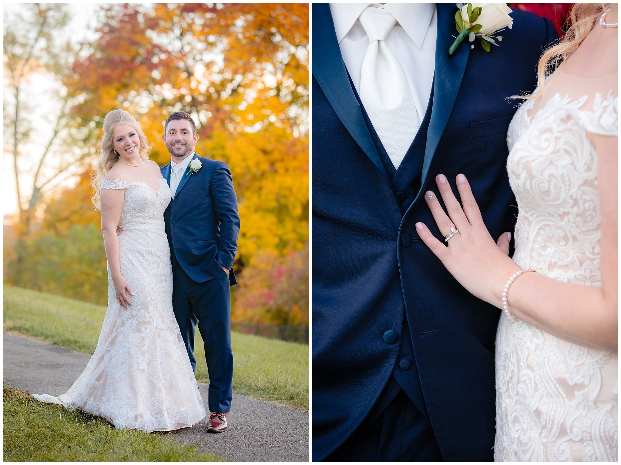 Newlyweds against a fall backdrop before their Riverside Landing wedding