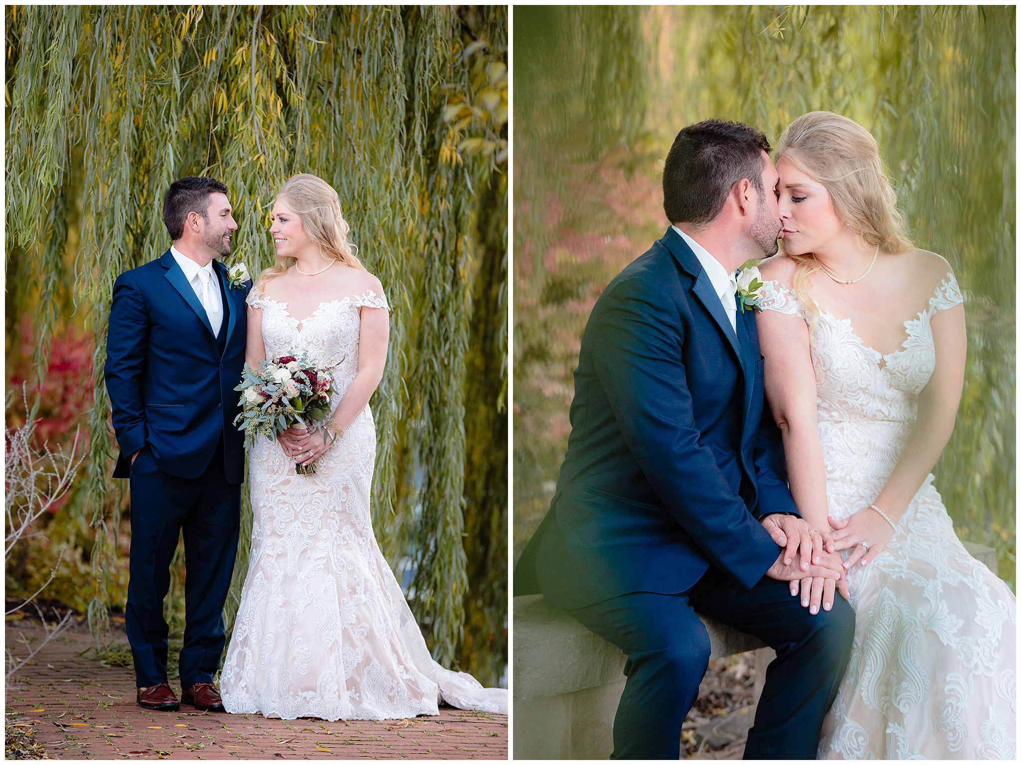 Newlyweds kiss under a willow tree at Riverside Landing