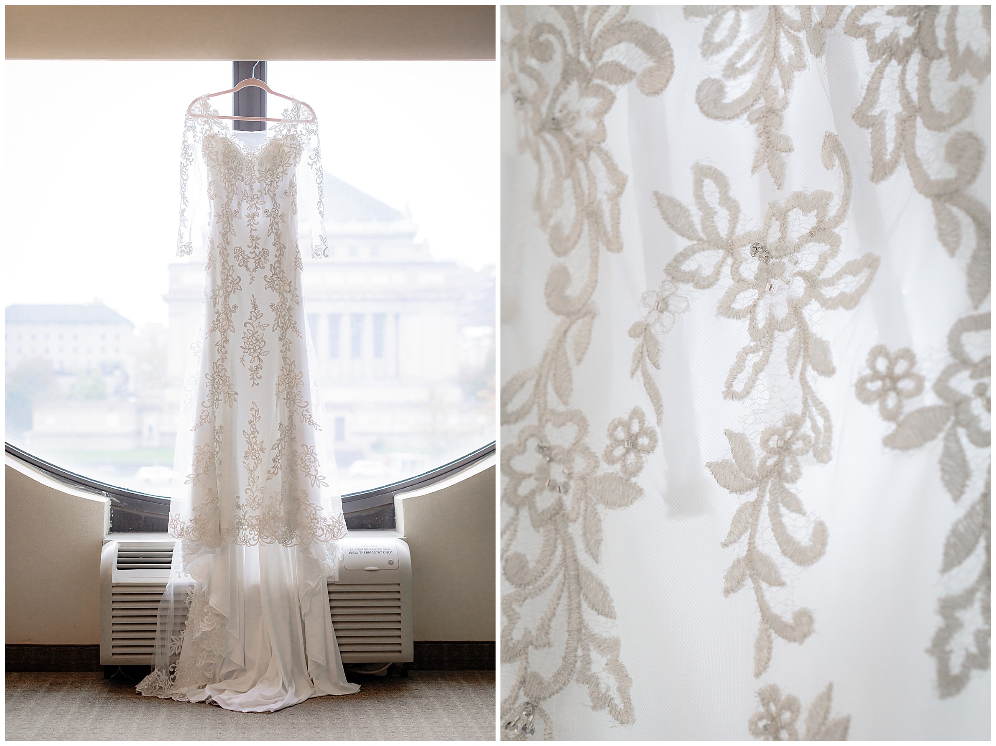 Sottero & Midgley wedding dress hangs in the window with Soldiers & Sailors Memorial Hall in the background