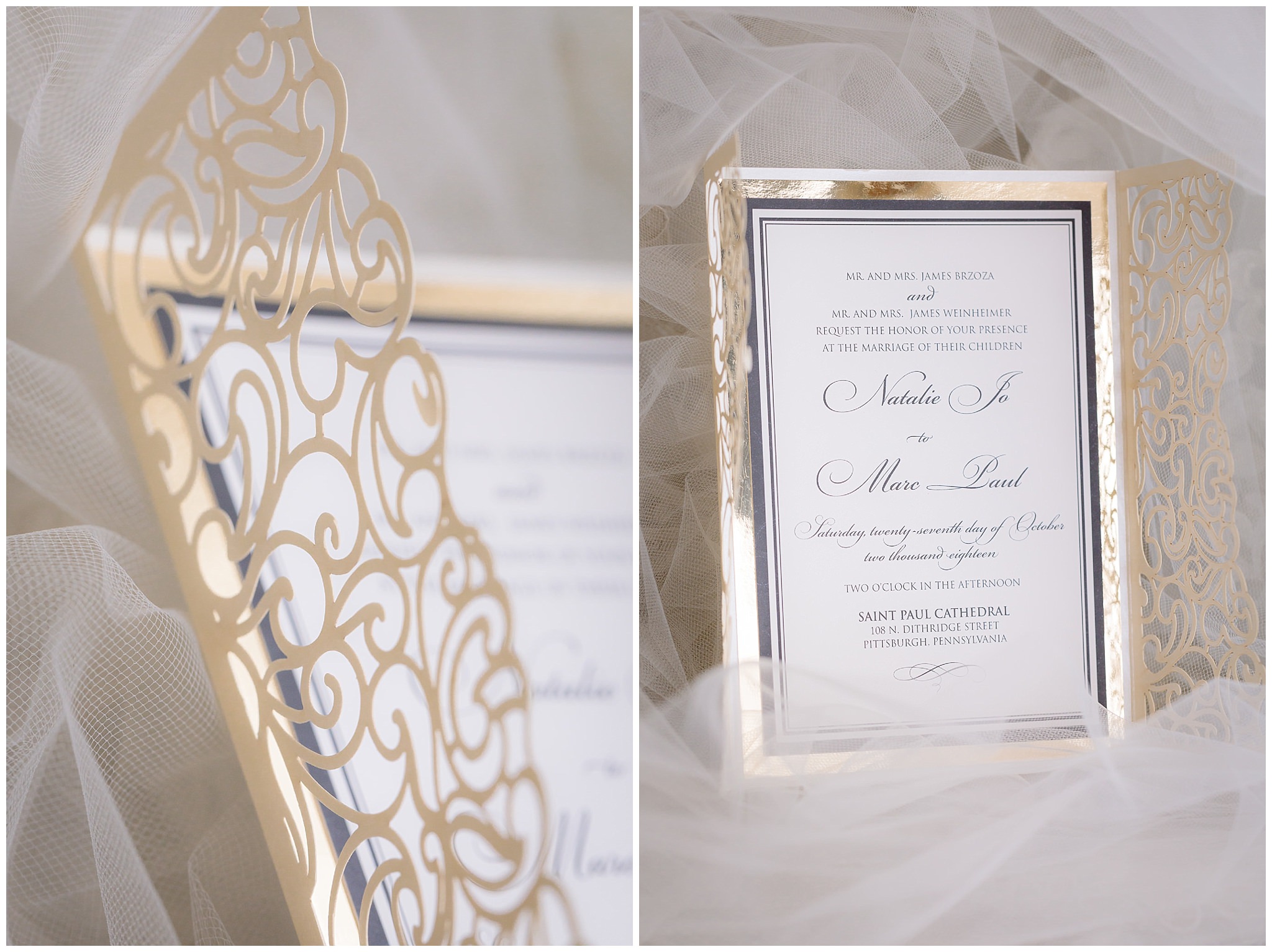 Details of a gold dye-cut wedding invitation by Hello Beautiful Designs