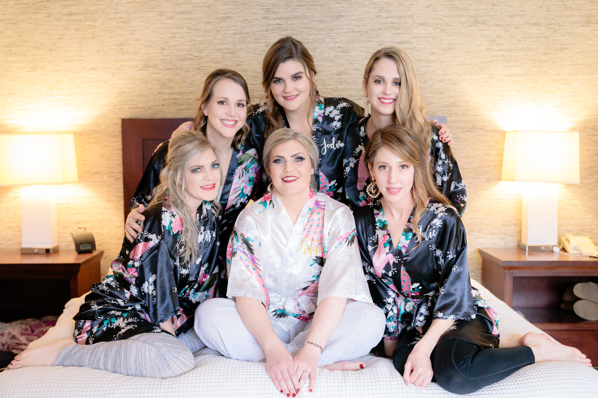 Bride & bridesmaids together in silk kimonos before a Soldiers & Sailors wedding