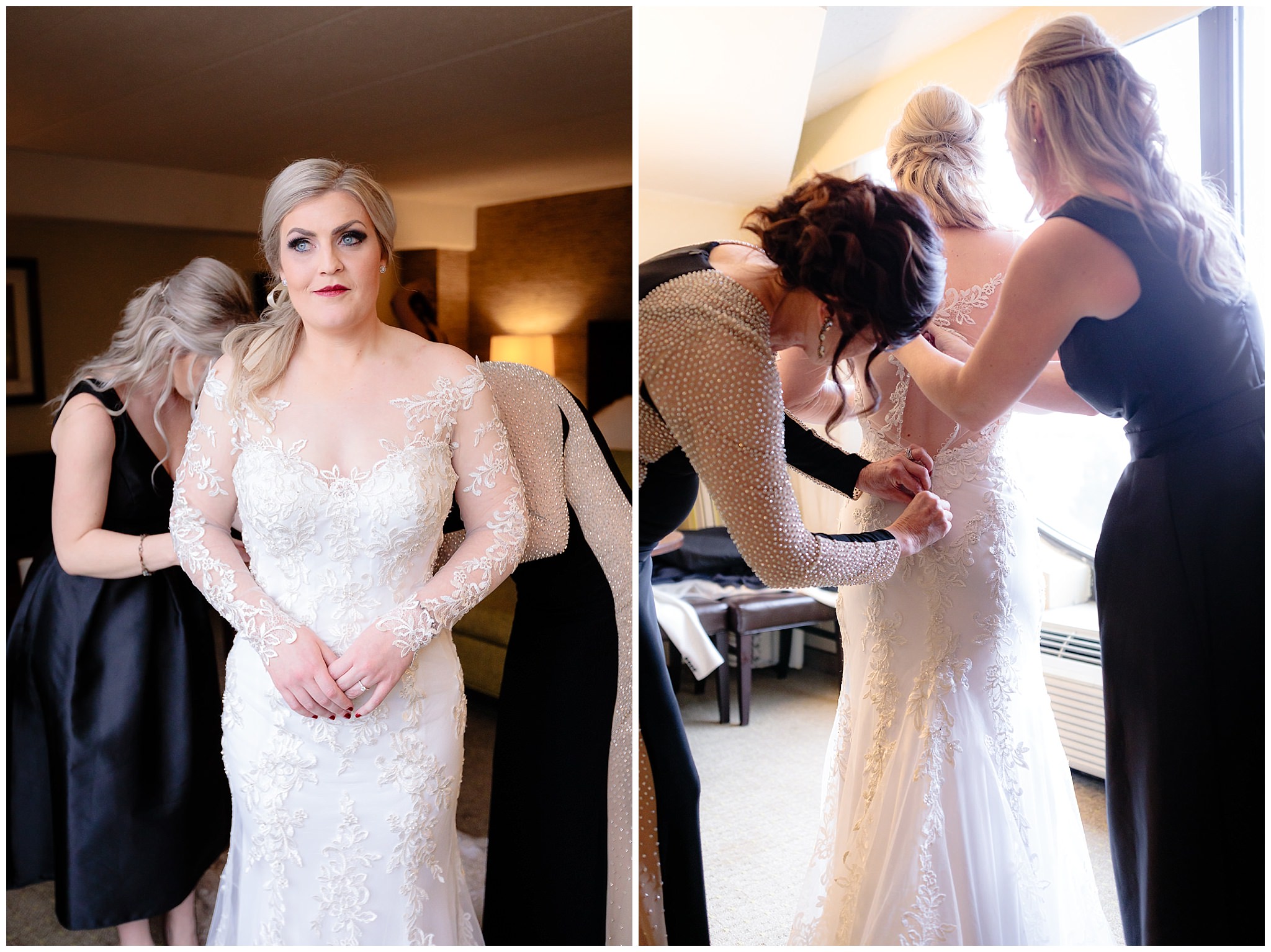 Mother & sister of the bride help her into her Sottero & Midgley wedding dress from Sorelle Bridal