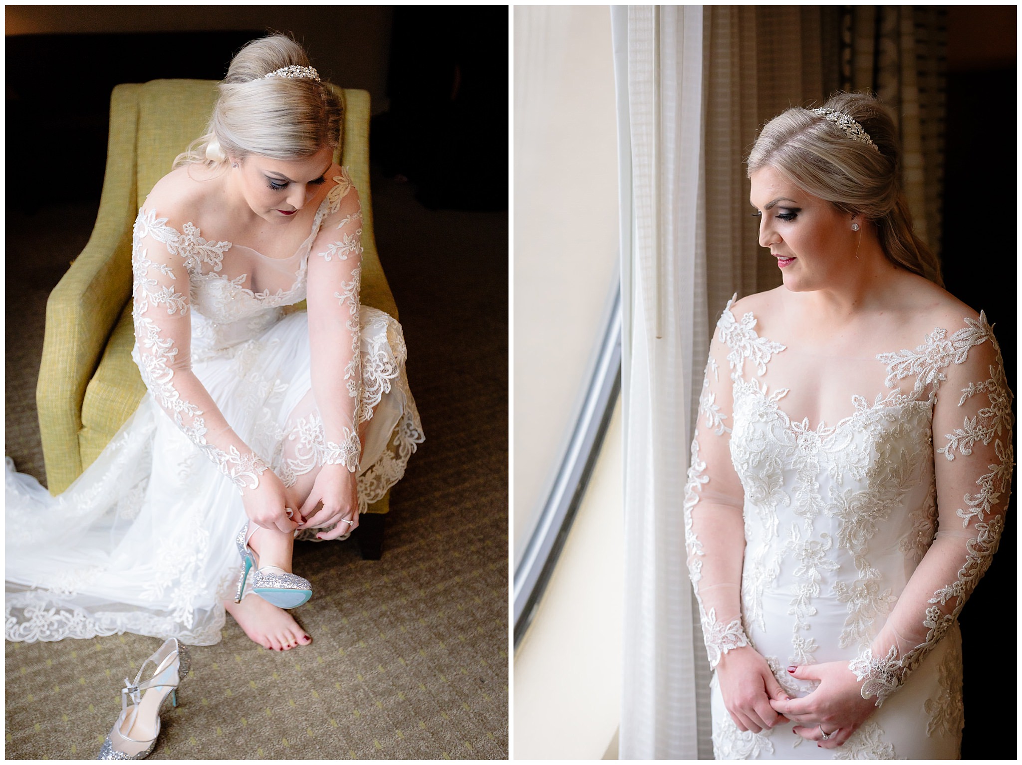 Bride puts on her shoes by window light before her Saint Paul Cathedral wedding