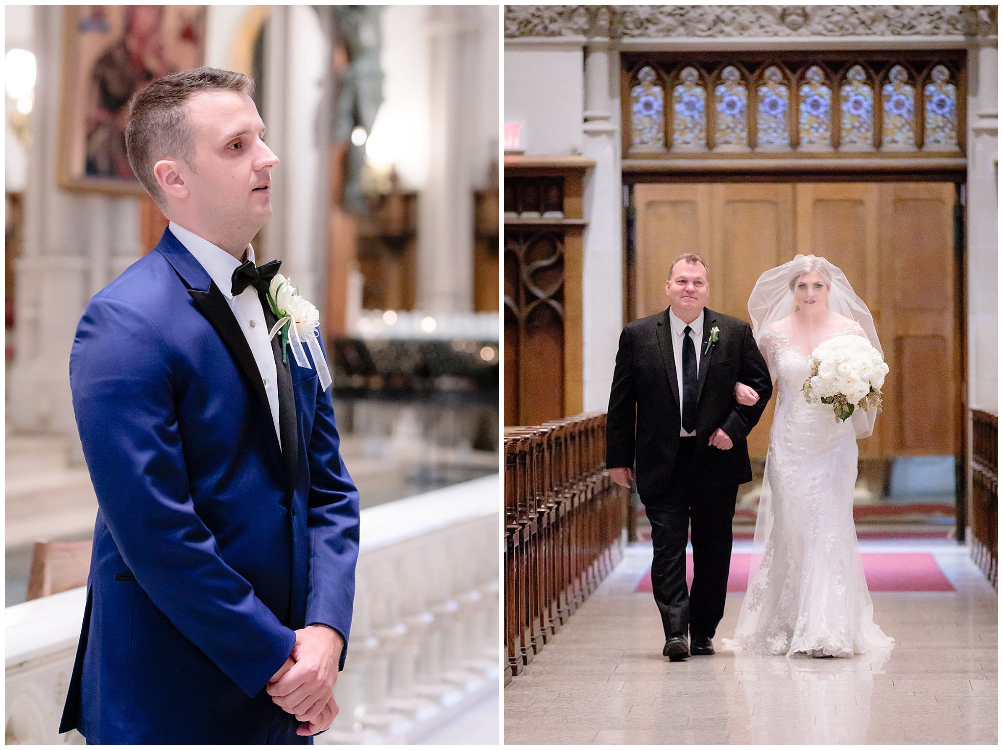 Groom watches his bride walk down the aisle at Saint Paul Cathedral