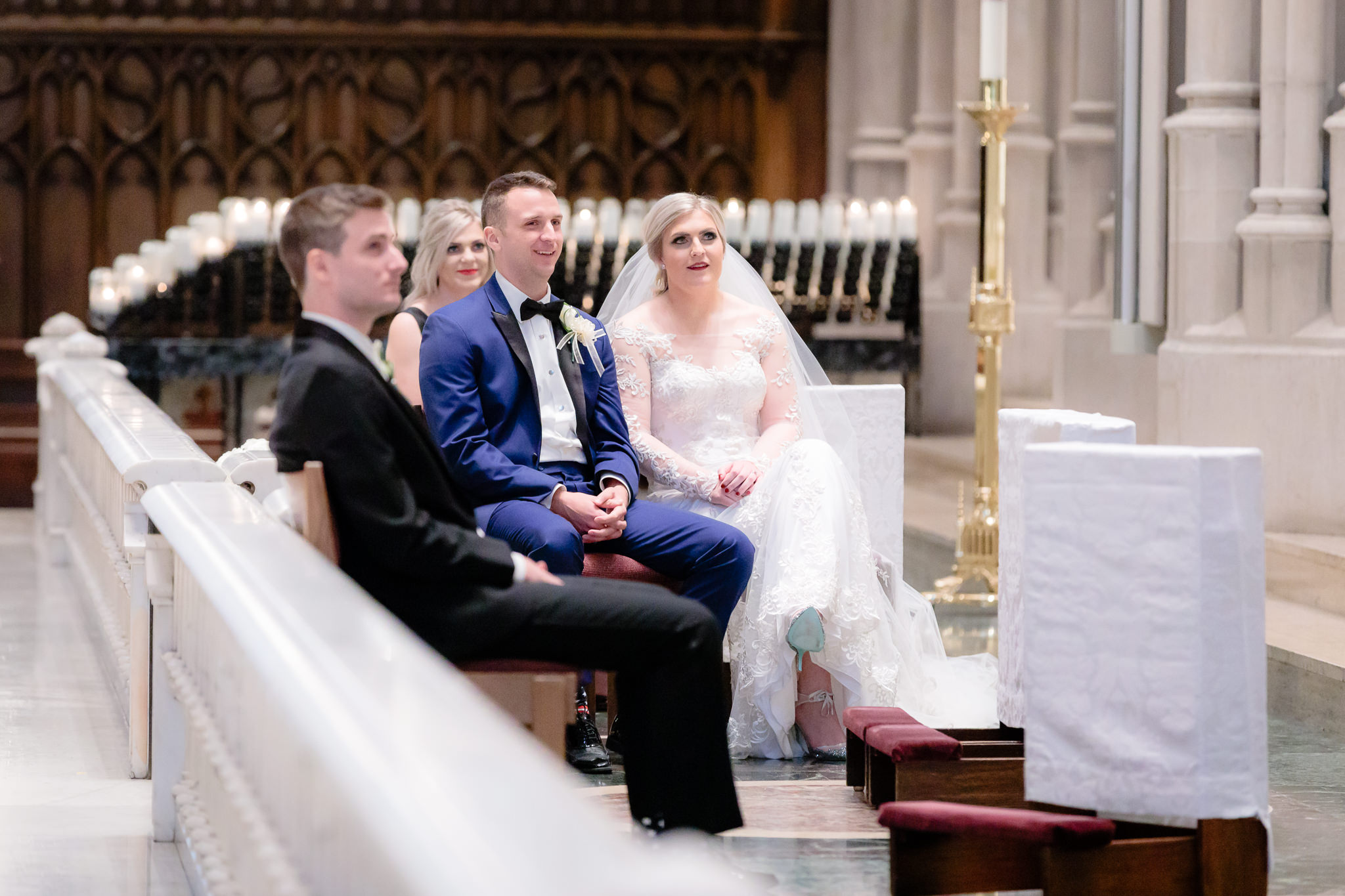 Bride & groom with the maid of honor & best man during a Saint Paul Cathedral wedding