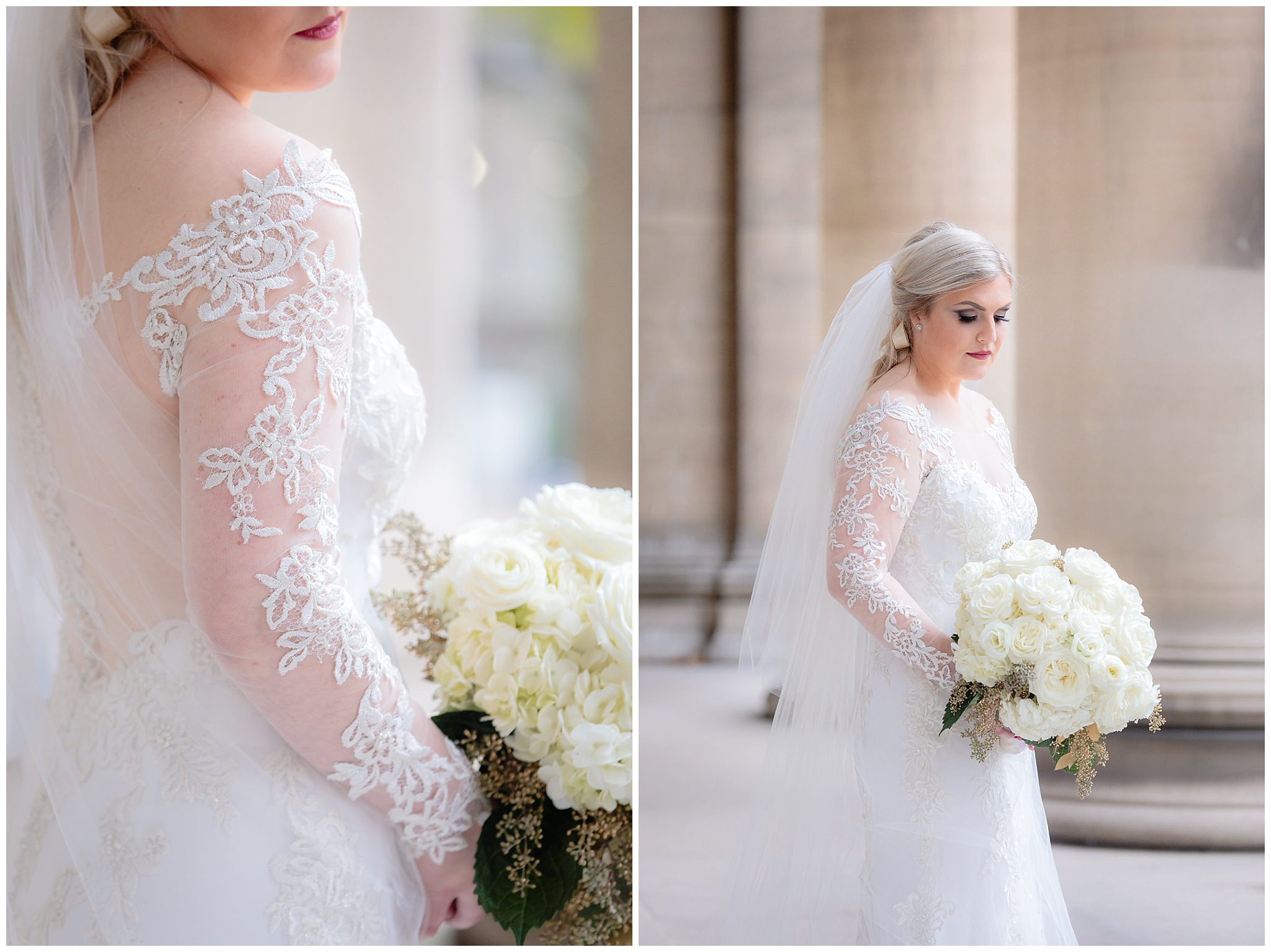 Bride poses for portraits in a Sottero & Midgley dress from Sorelle Briadl & white bouquet by Hearts & Flowers