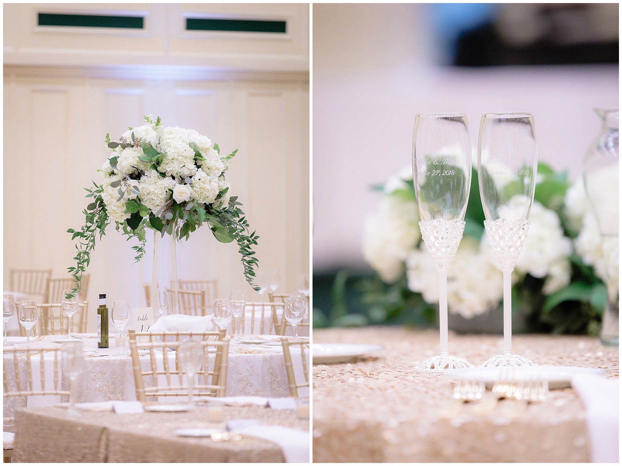 Tall white hydrangea floral centerpieces and champagne flutes at a Soldiers & Sailors wedding reception