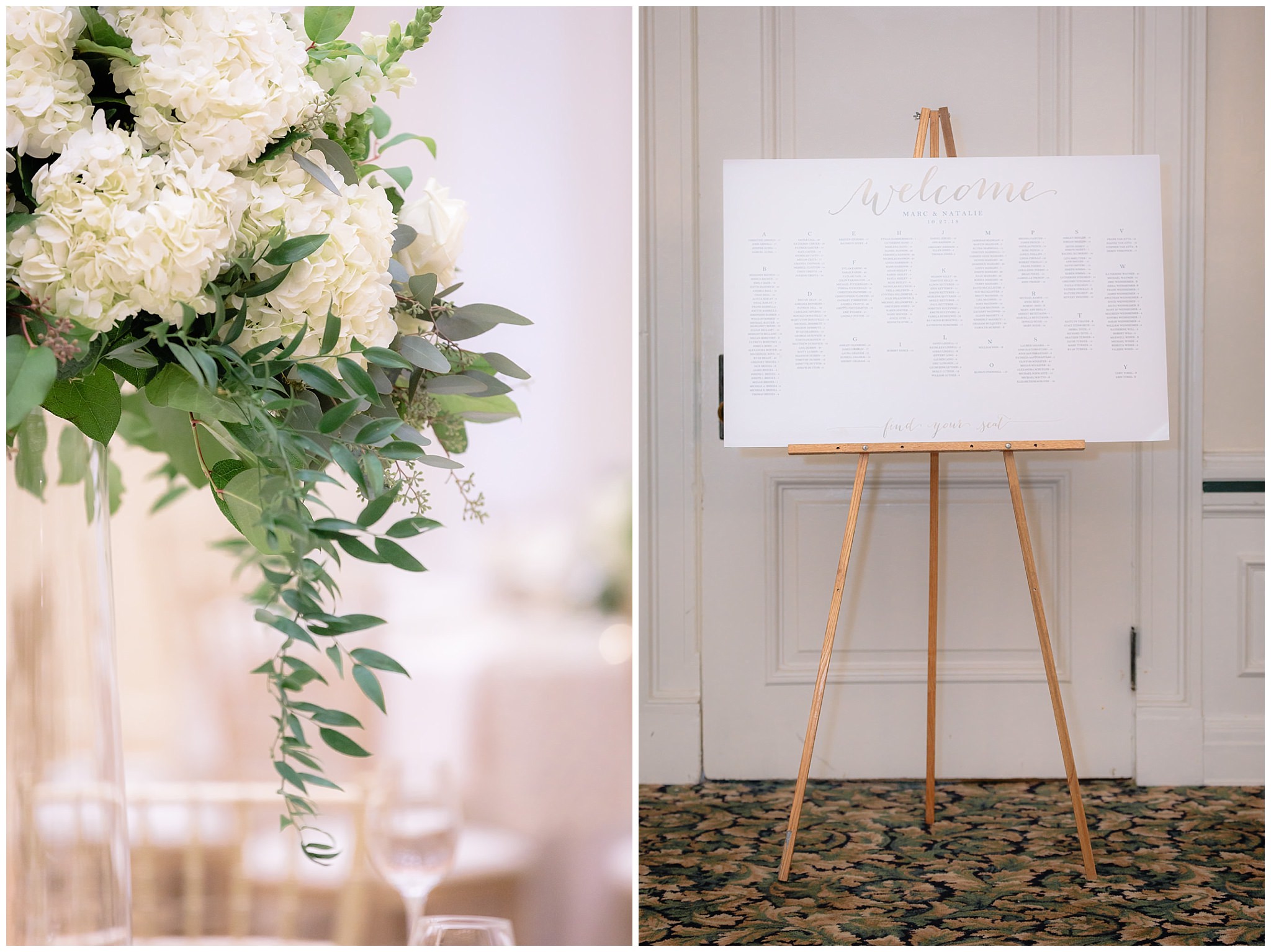 Floral centerpiece details and seating chart at a Soldiers & Sailors wedding