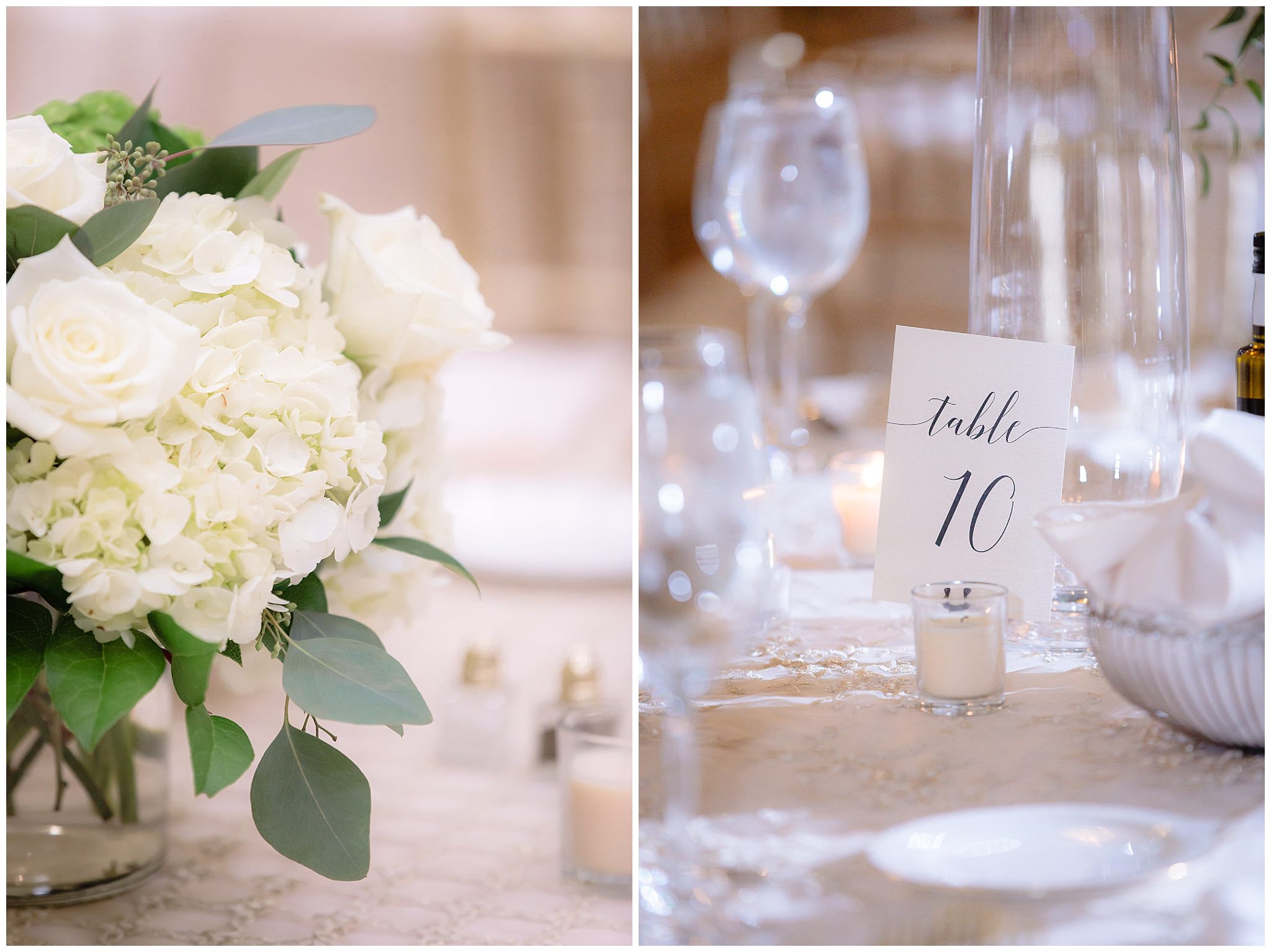 Calligraphy table numbers and floral centerpieces at a Soldiers & Sailors wedding