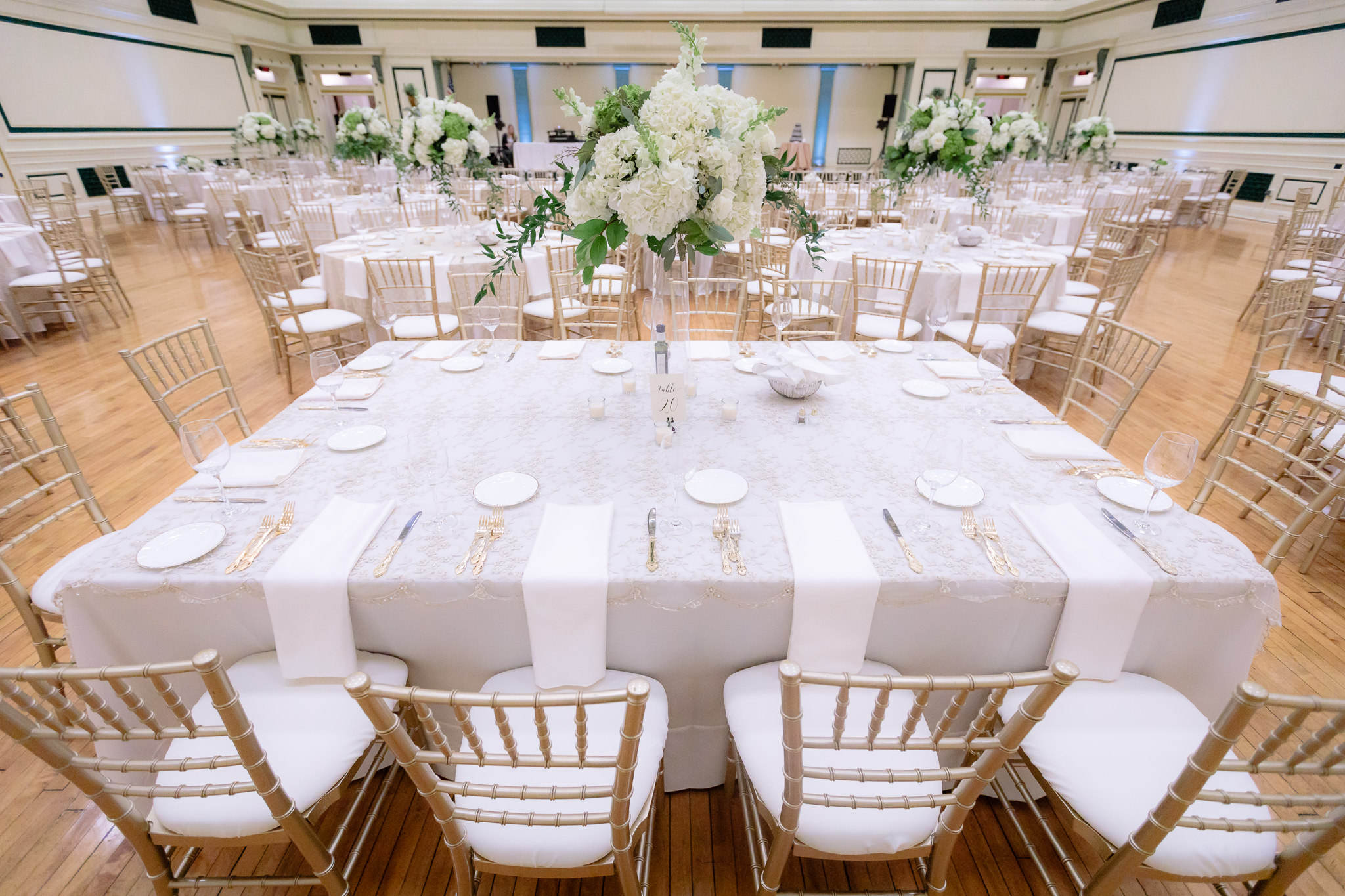 Elegant white & gold table scape at a Soldiers & Sailors wedding