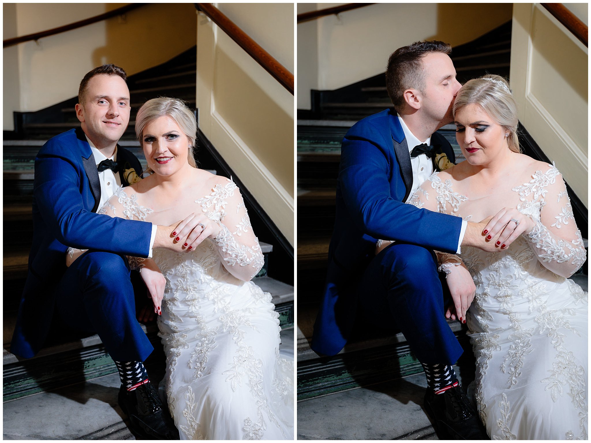 Wedding portraits in the stairwell at Soldiers & Sailors Memorial Hall