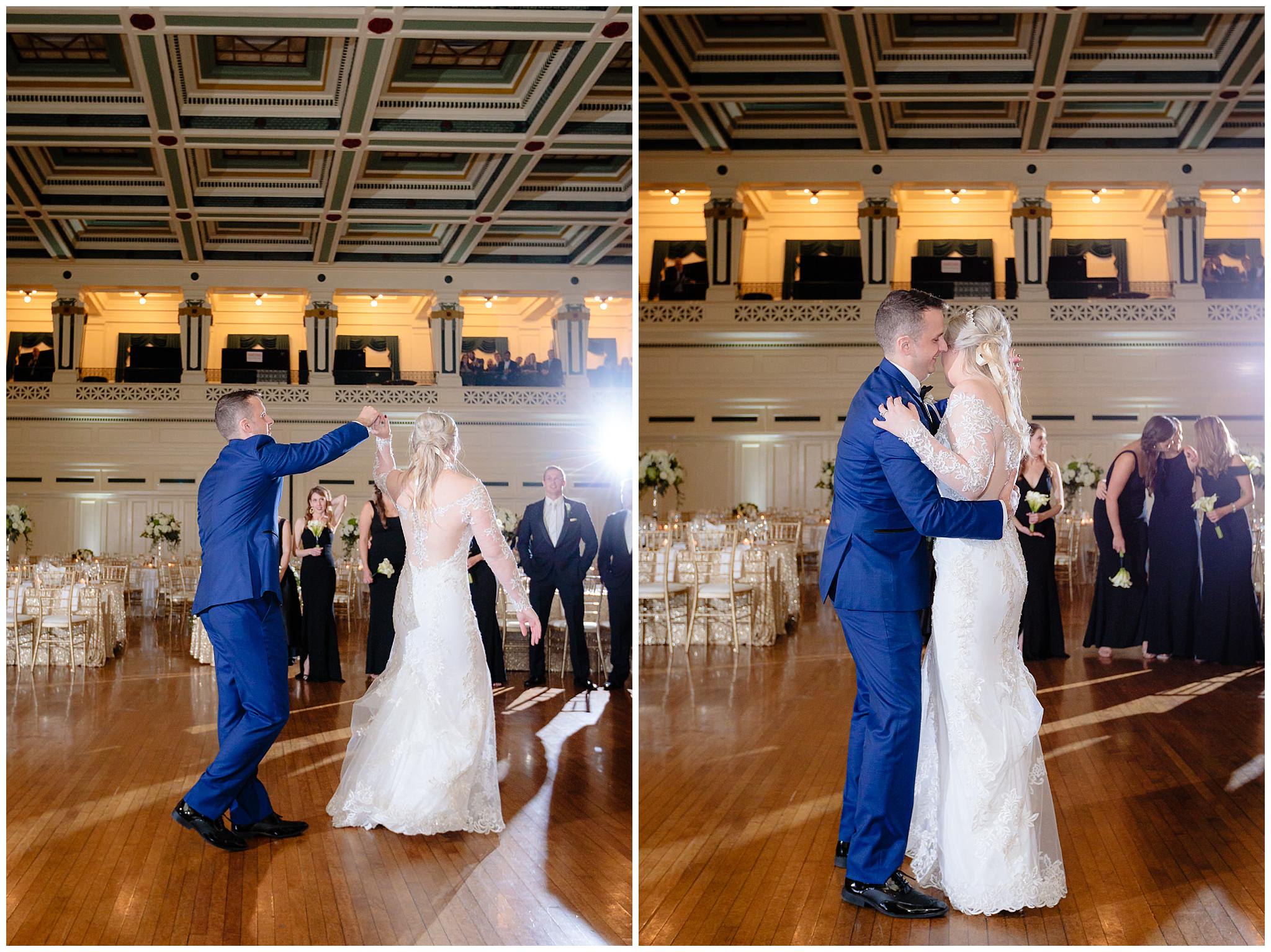 Newlyweds share their first dance at a Soldiers & Sailors wedding