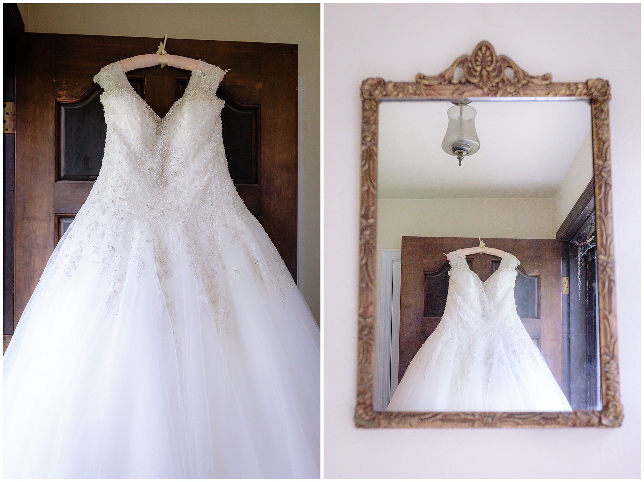 Bride's Allure bridal gown hangs from her front door