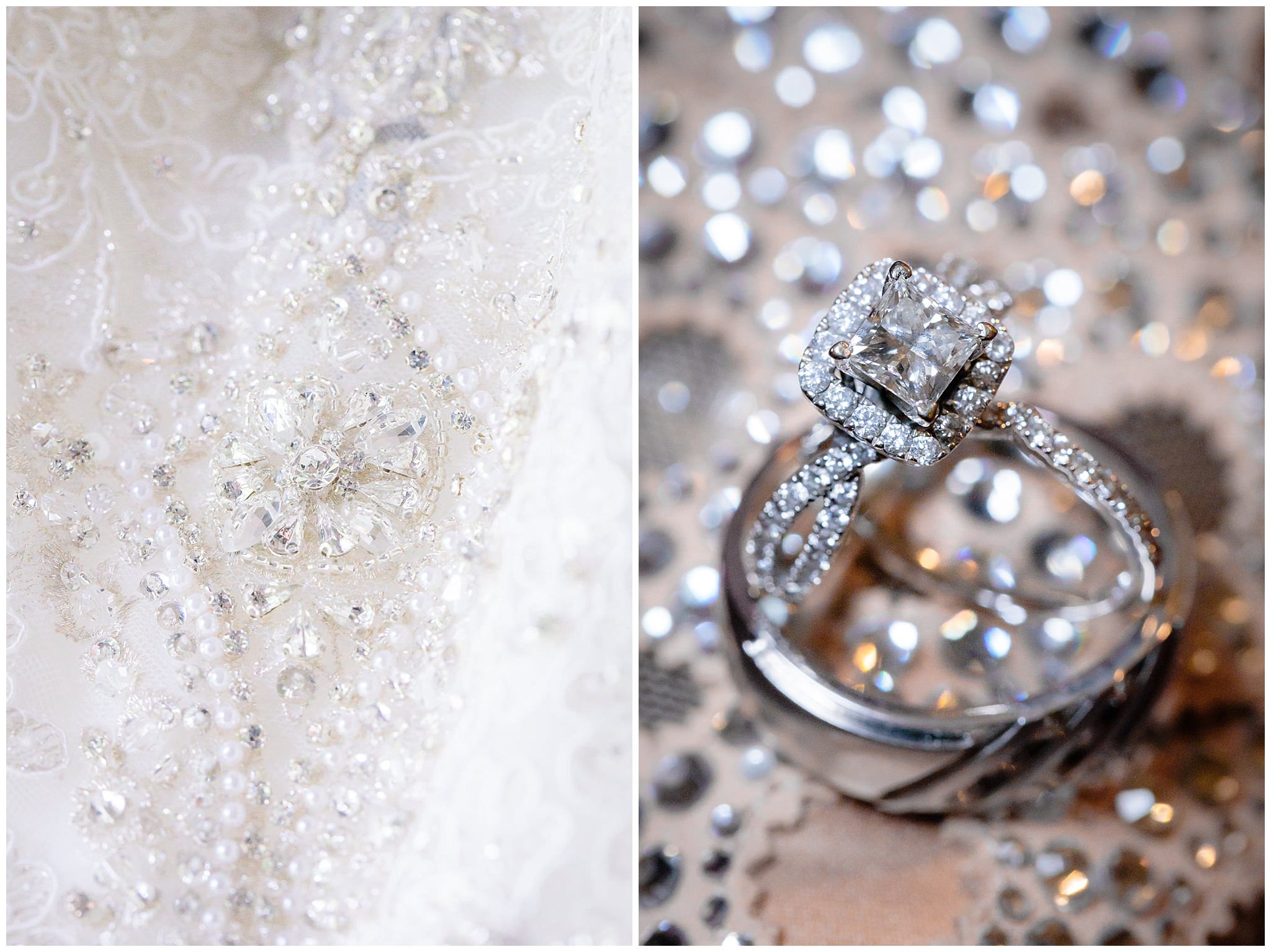 Details of bride's Allure bridal gown and wedding bands from Jared & Zales