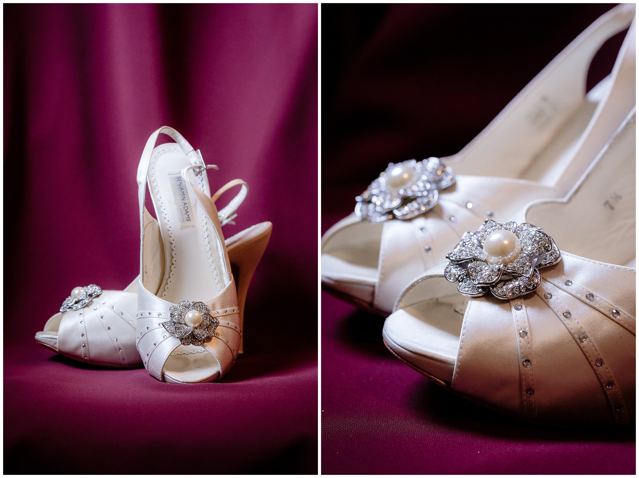 Bride's shoes rest on a burgundy bridesmaids dress