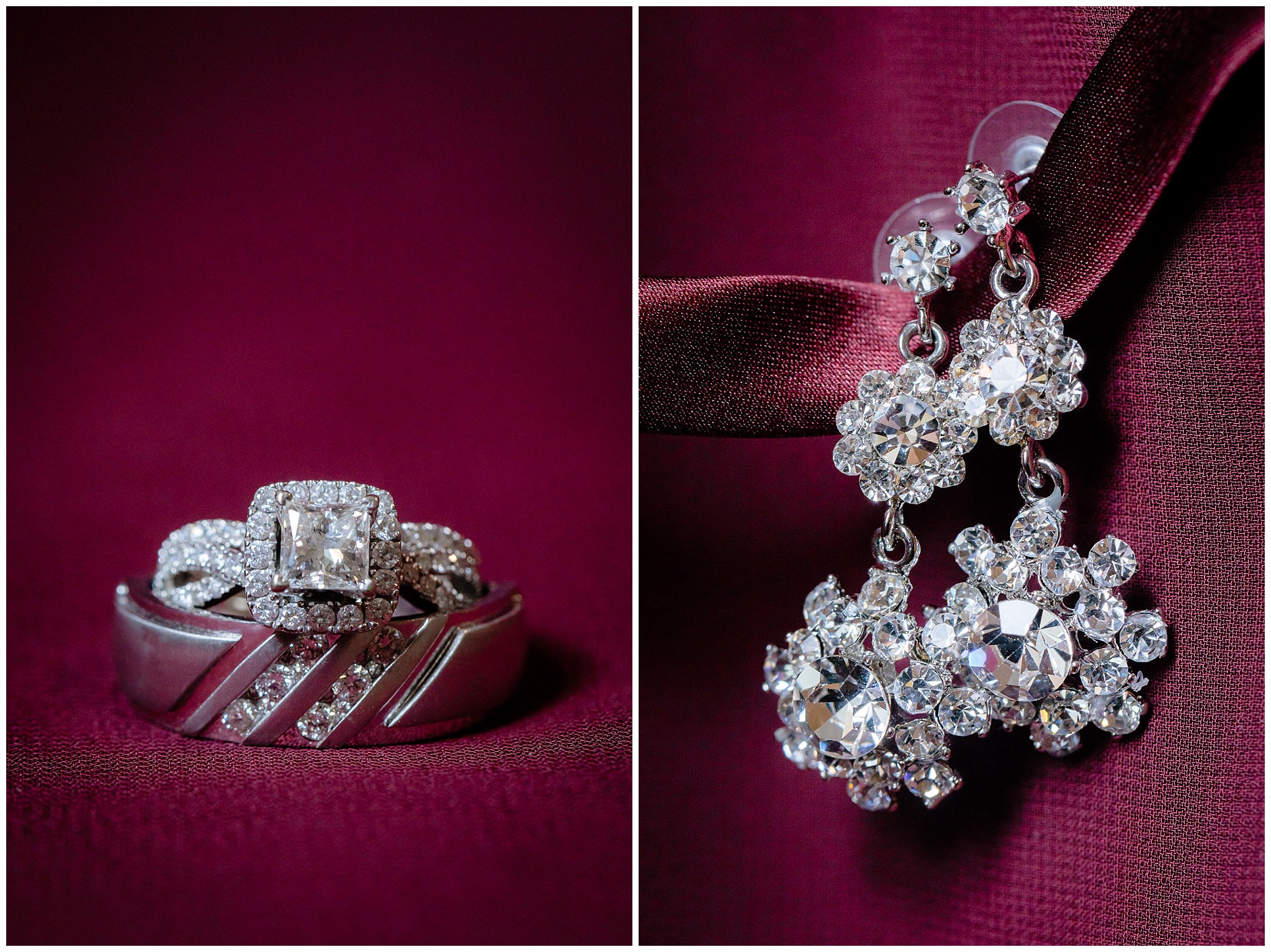 Wedding bands from Jared & Zales and bride's diamond earrings on a burgundy background