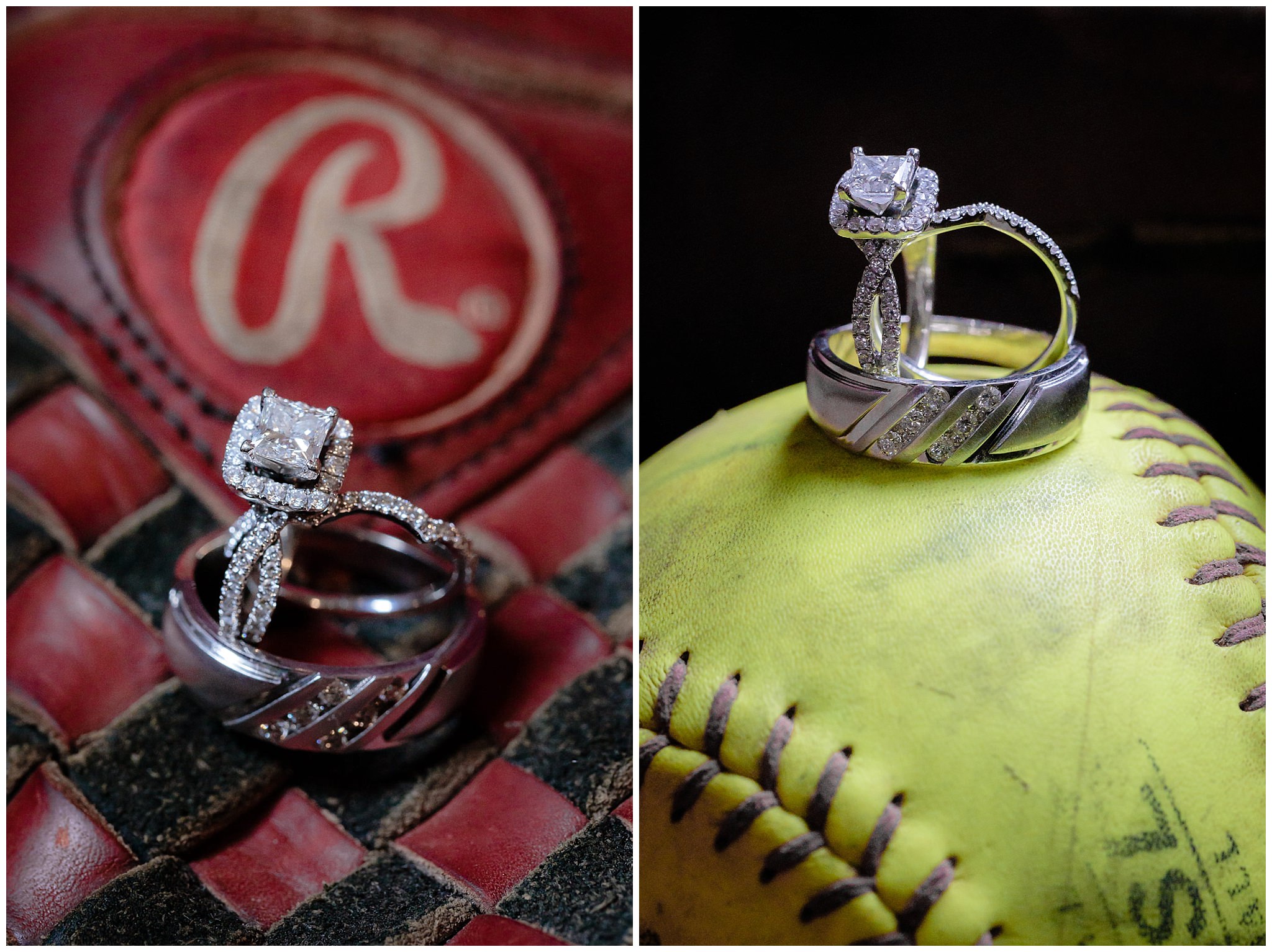 Wedding bands from Jared & Zales on a softball and softball glove