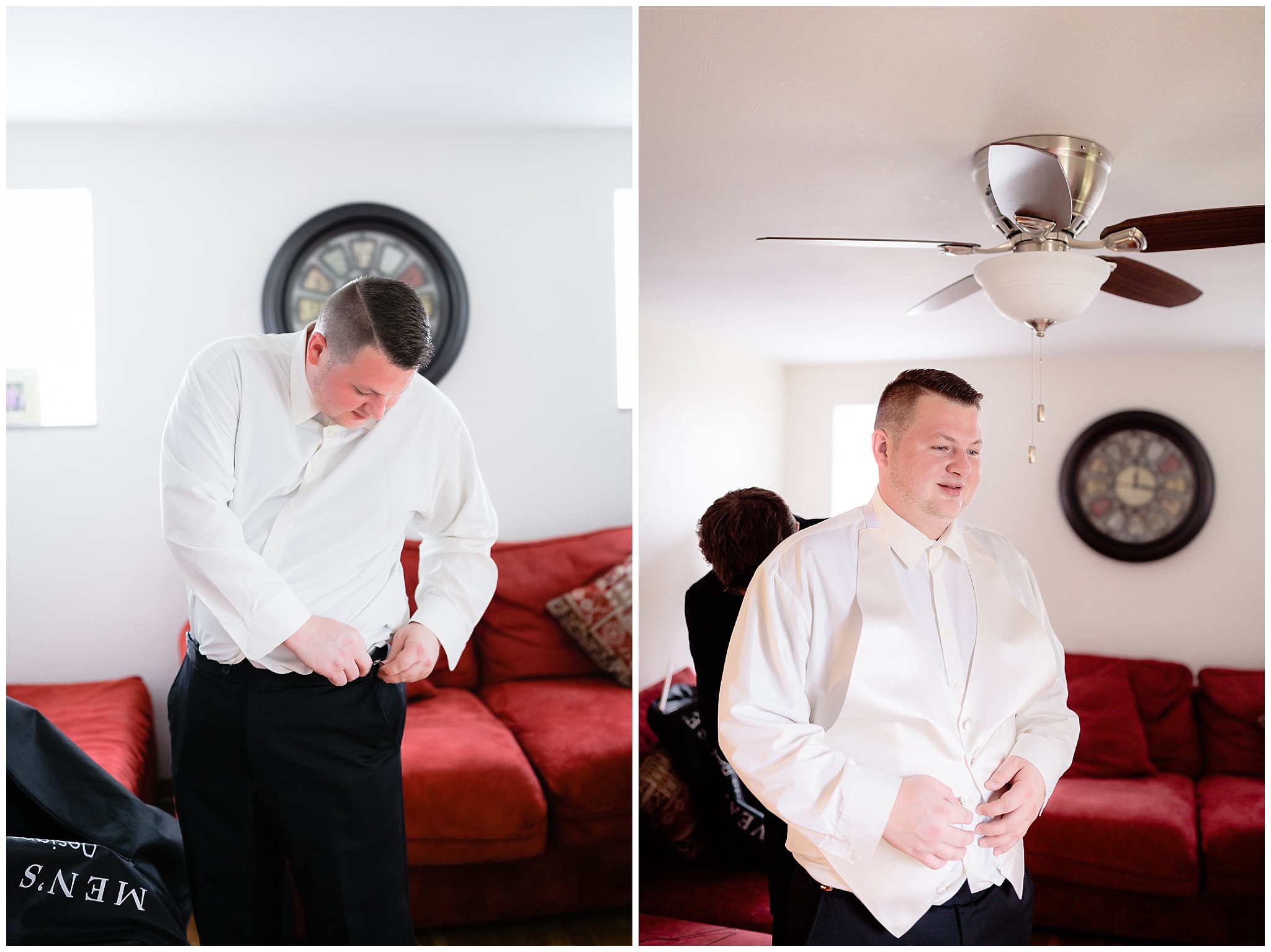 Groom gets dressed for his wedding ceremony at St. Malachy