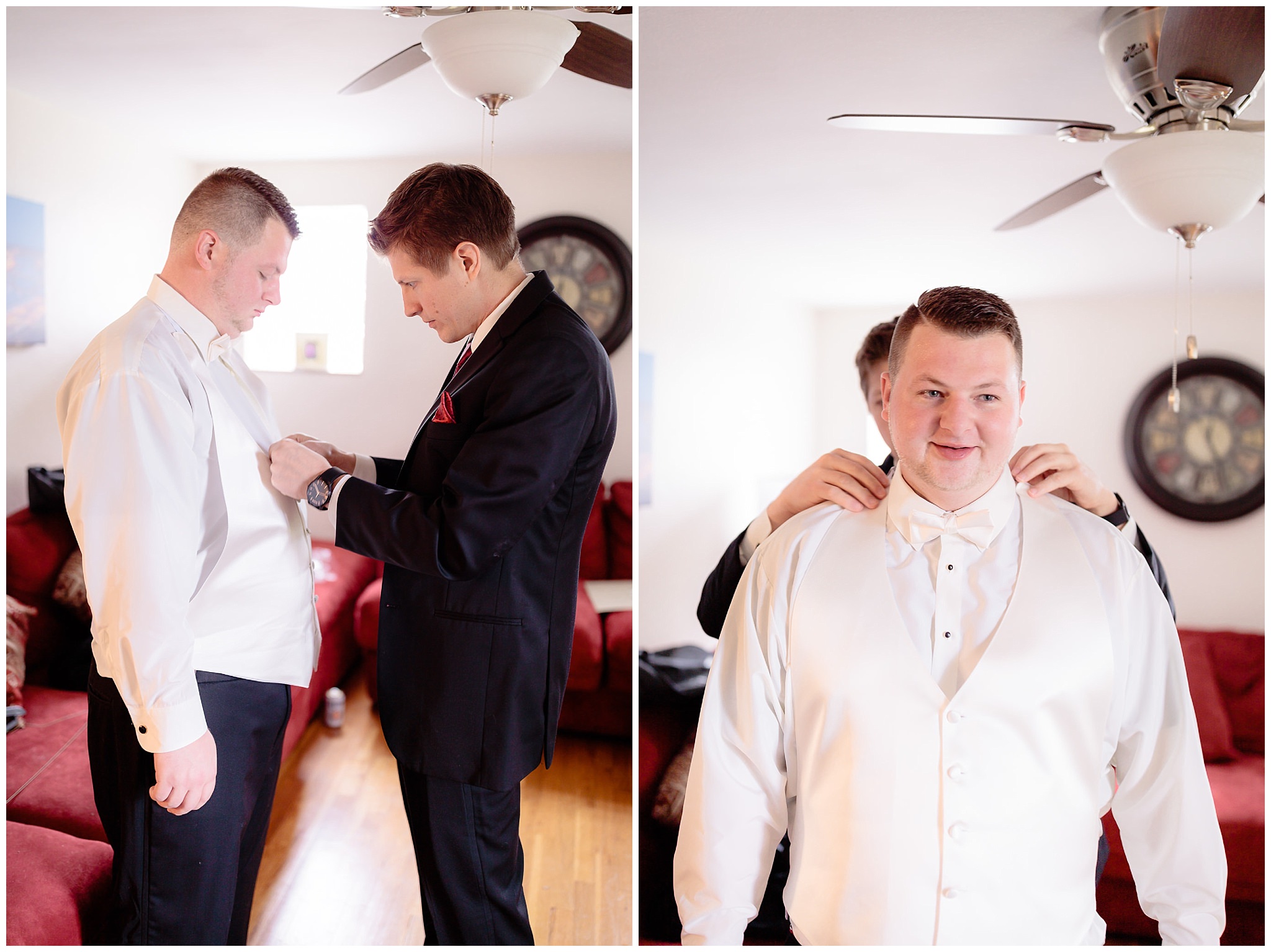 Groom's brother helps him into his tux before his wedding at the Fez