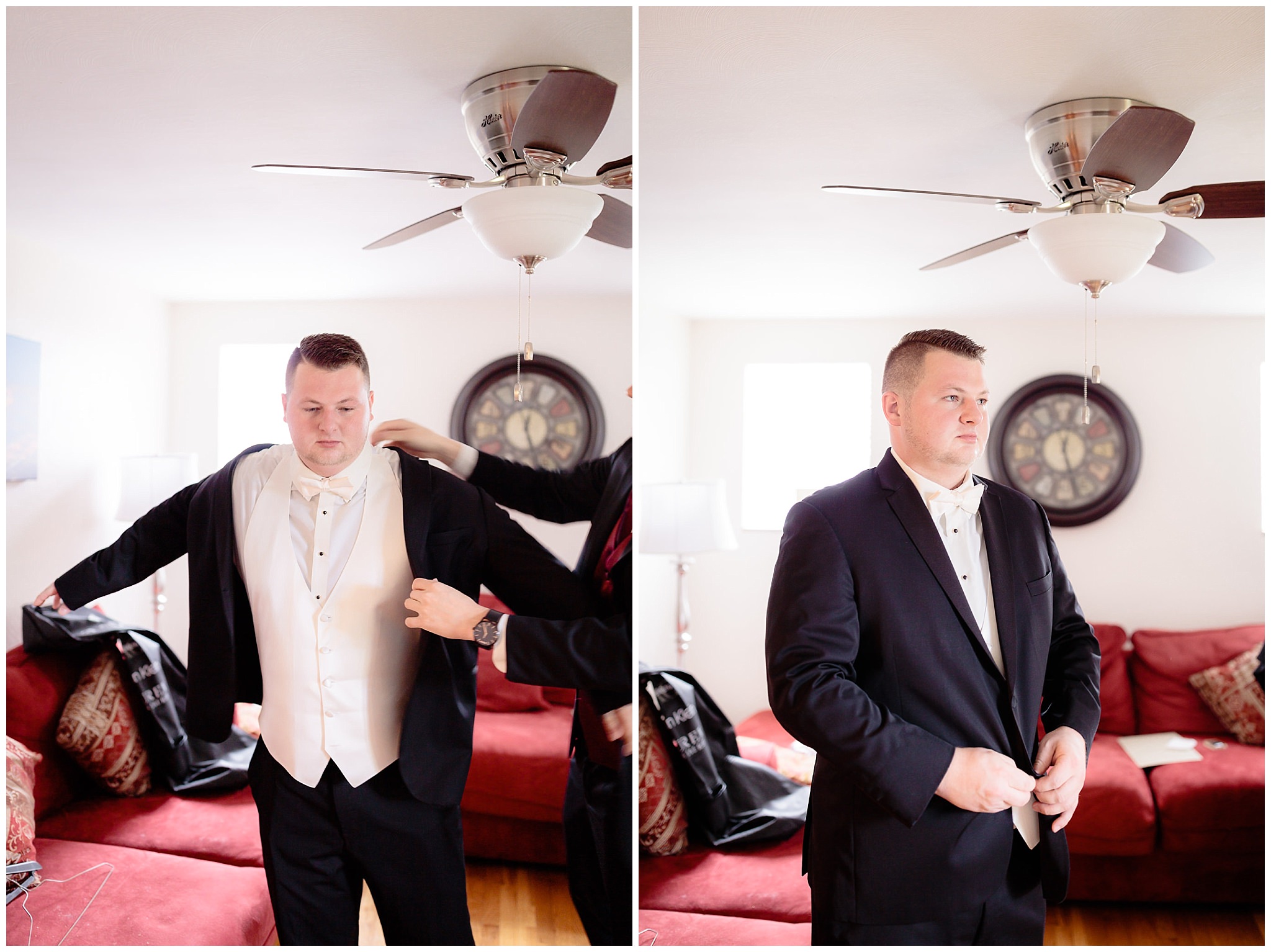 Groom buttons his tuxedo jacket before his wedding at the Fez