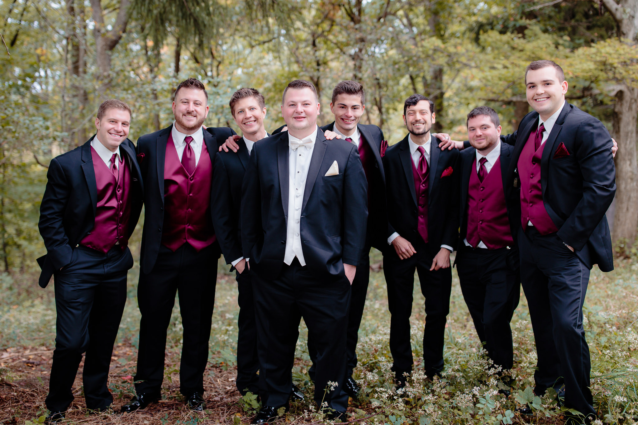 Groom and his groomsmen before a wedding at St. Malachy in Kennedy Township