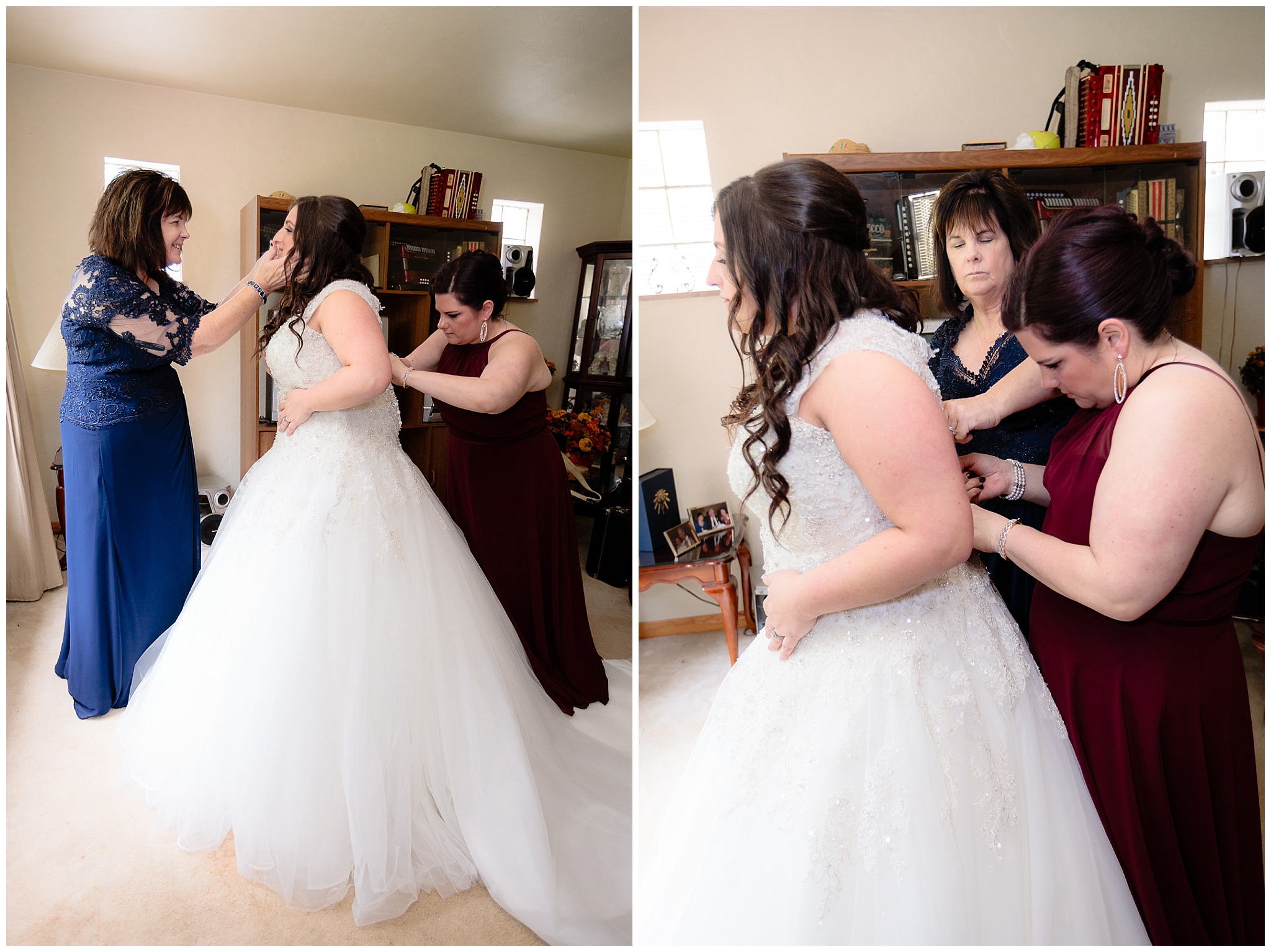 Bride's mom and sister help her into her Allure wedding dress