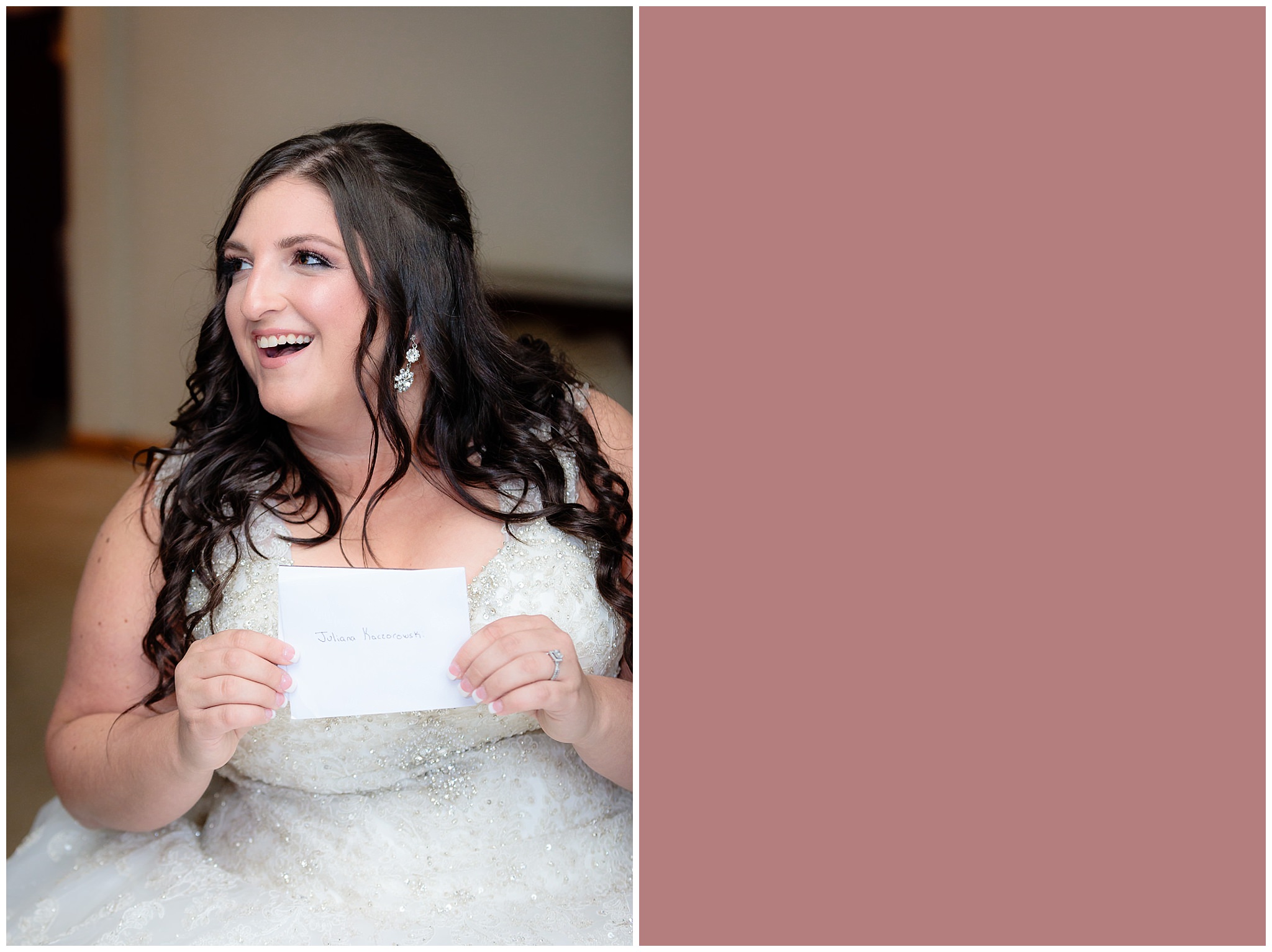 Bride laughs before reading a letter from her groom