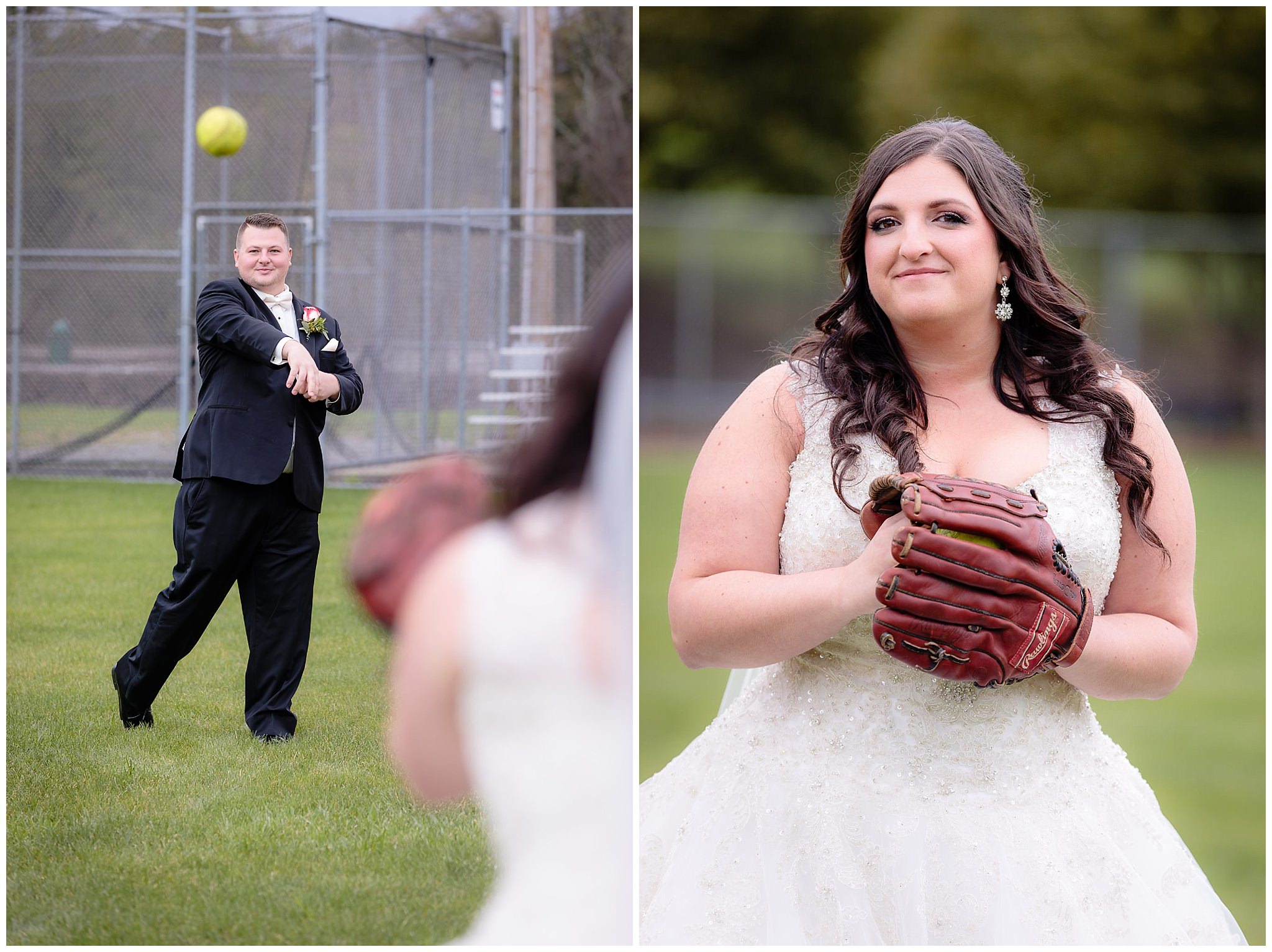 Bride and groom play catch with a softball during portraits at Robinson Township Girls Softball field