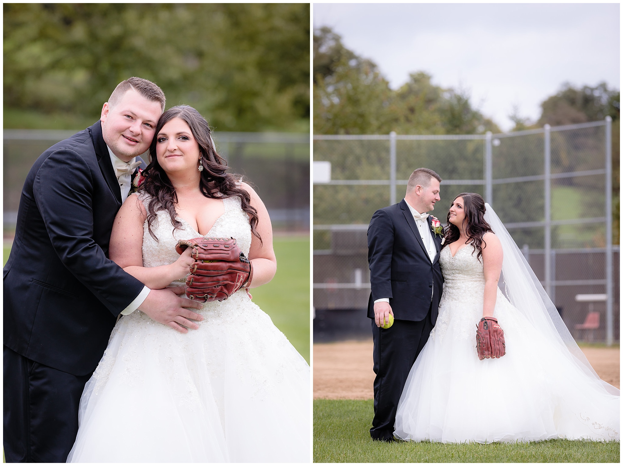 Newlyweds pose with their softball gear at Robinson Township Girls Softball field