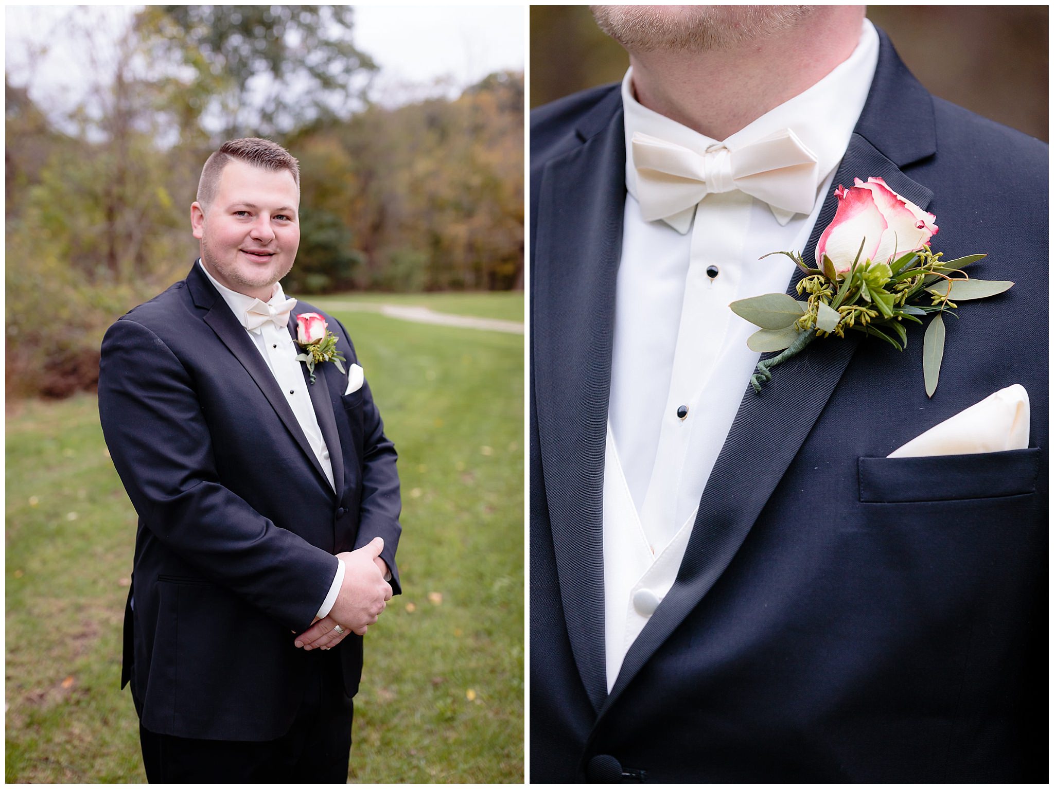 Groom wears a Vera Wang tuxedo from Men's Wearhouse and a boutonniere by Angels Floral & Gifts