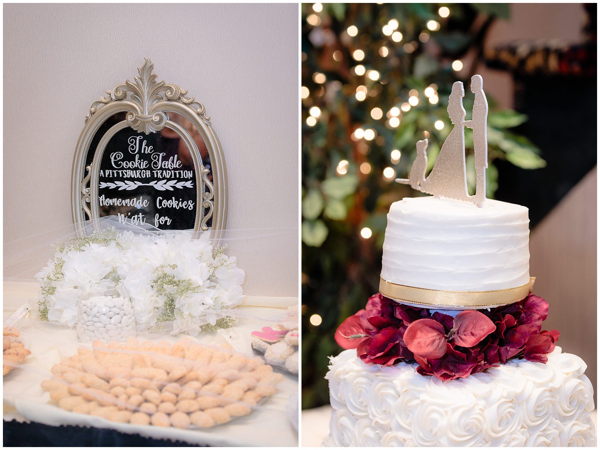 Cookie table sign and custom cake topper at a wedding at the Fez