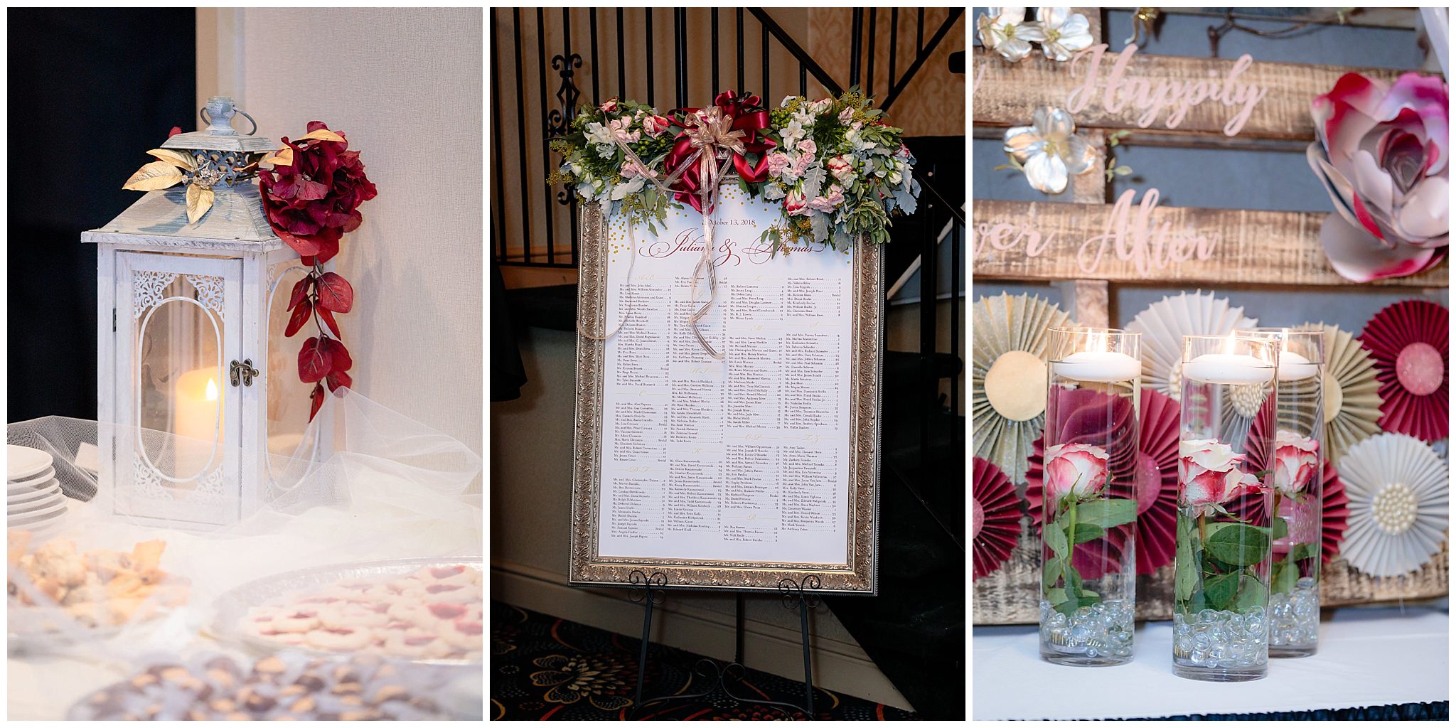 Seating chart and fall floral decor for a wedding at the Fez