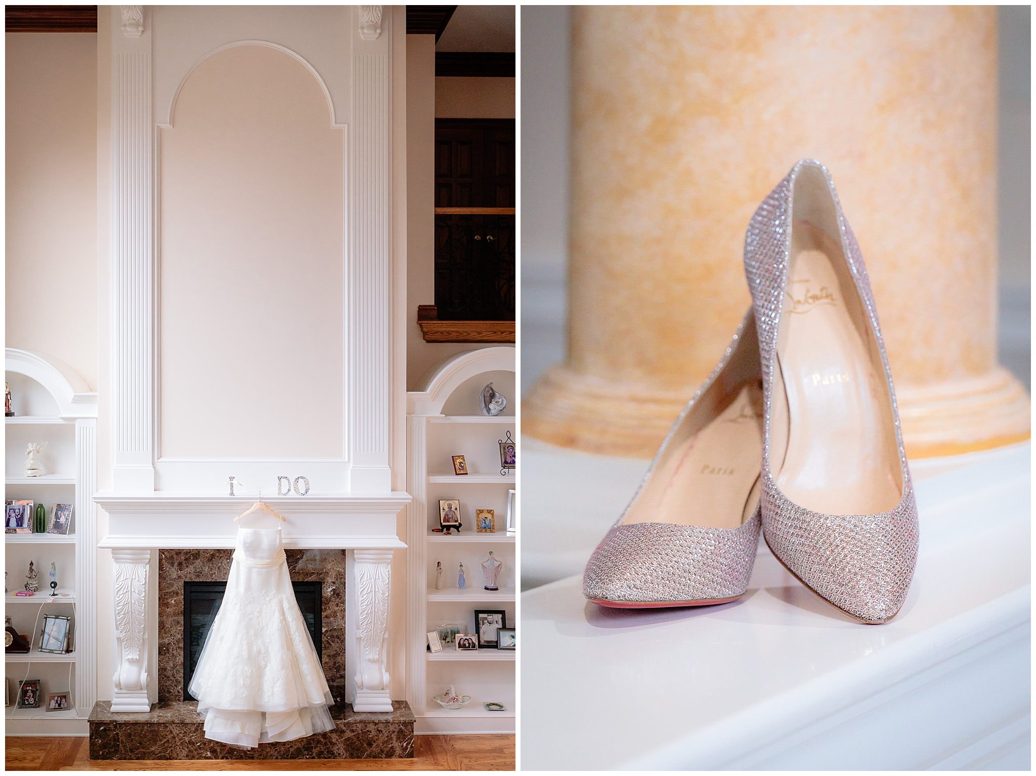 Vera Wang wedding dress hangs from the mantle; Gold Christian Louboutin heels