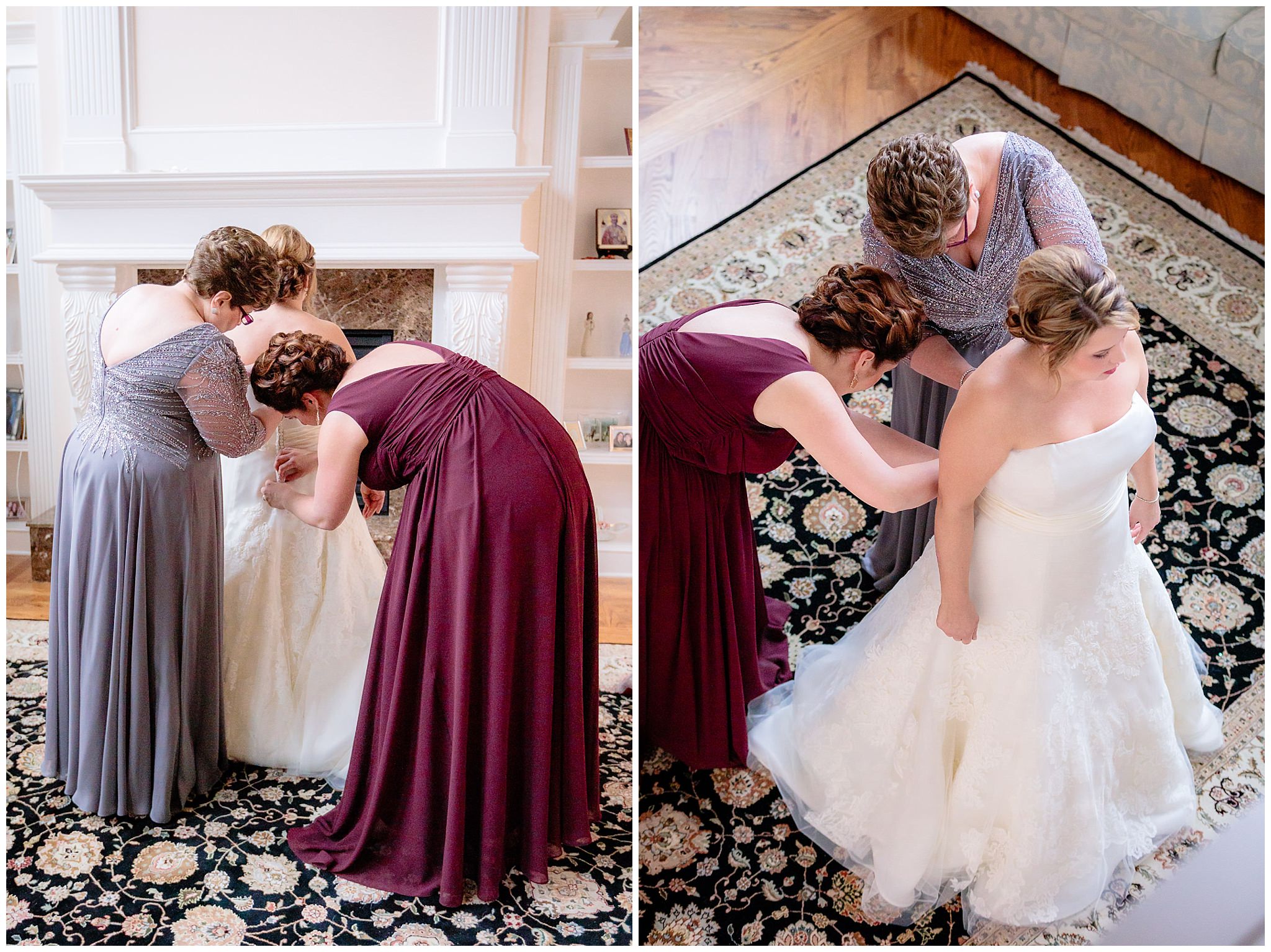 Bride's mother and sister help her into her Vera Wang wedding dress