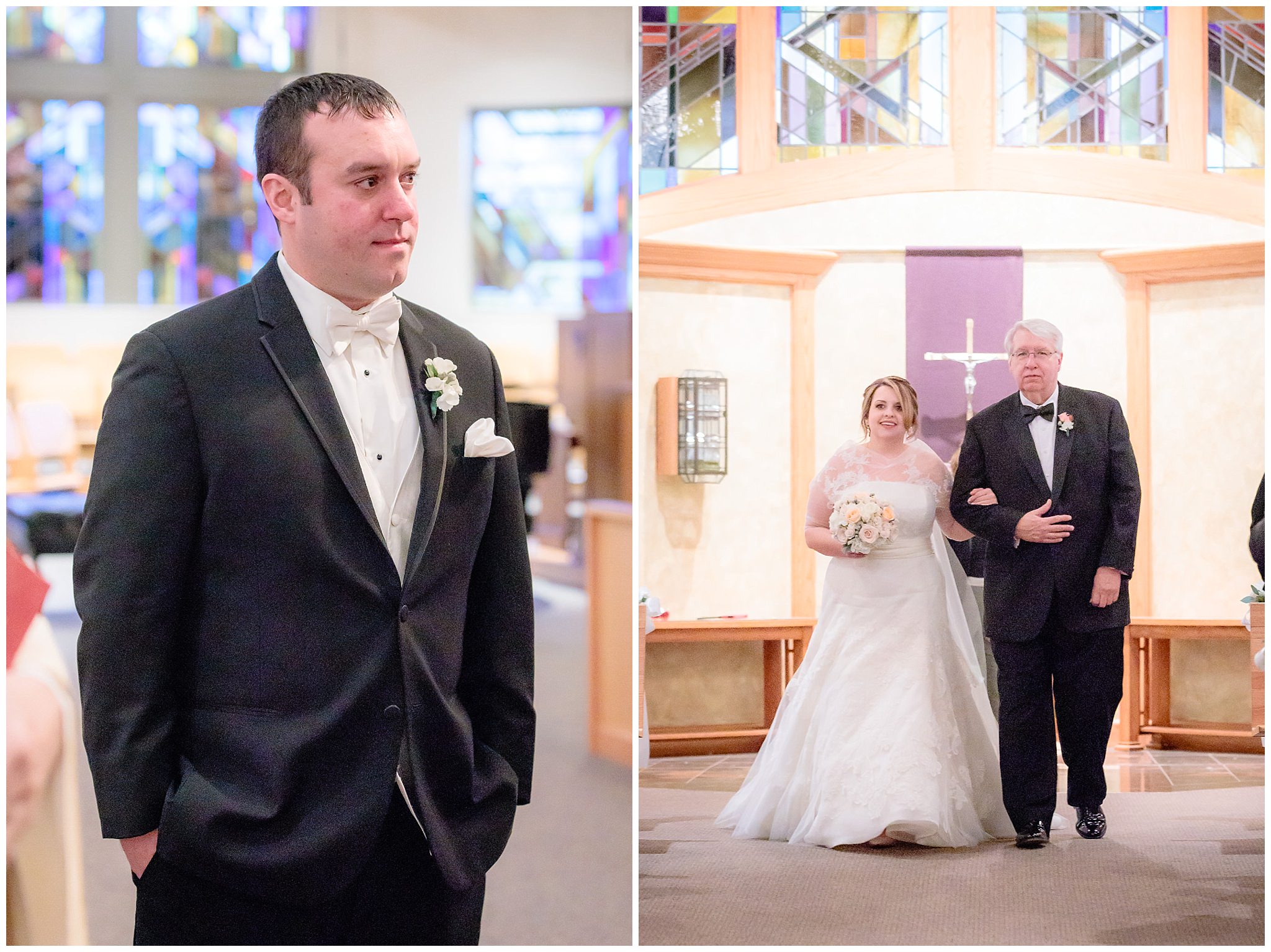 Groom watches as his bride walks down the aisle with her father at Mother of Sorrows Church in Murrysville